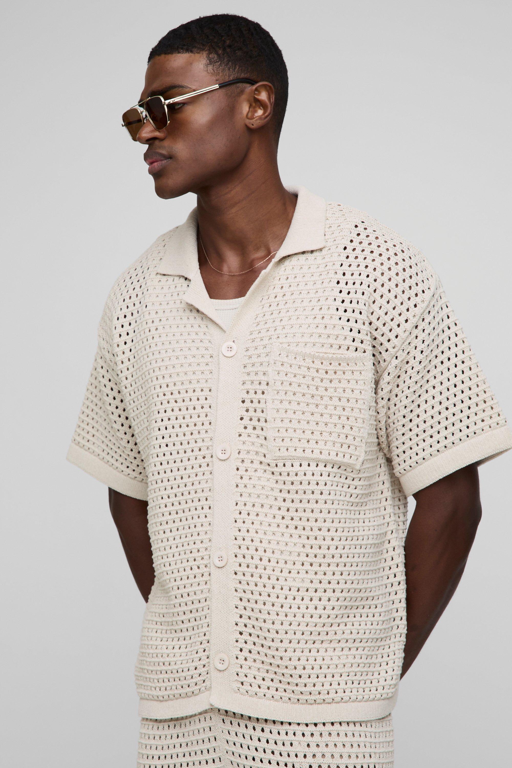 Mens Beige Boxy Fit Open Stitch Knitted Shirt, Beige