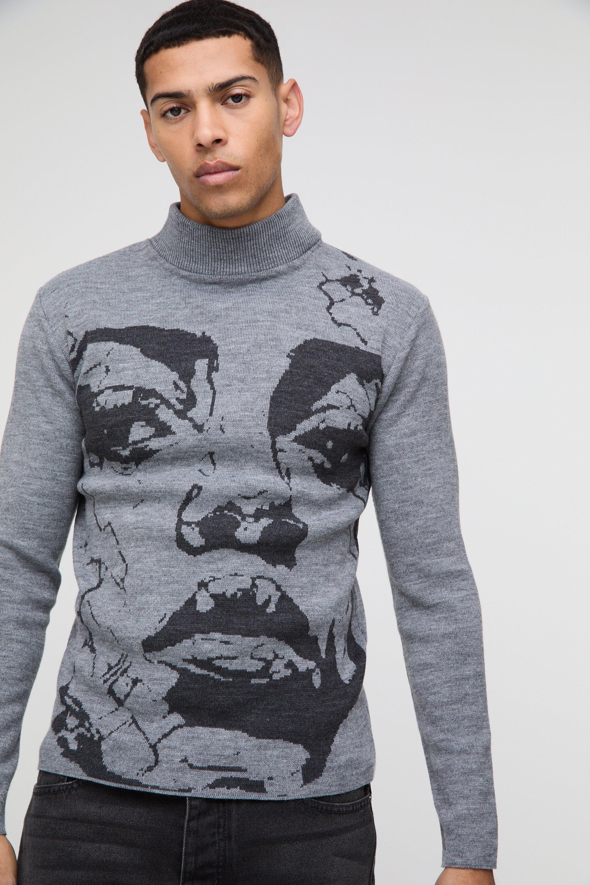 Mens Grey Muscle Fit Extended Neck Plated Face Graphic Knitted Jumper, Grey