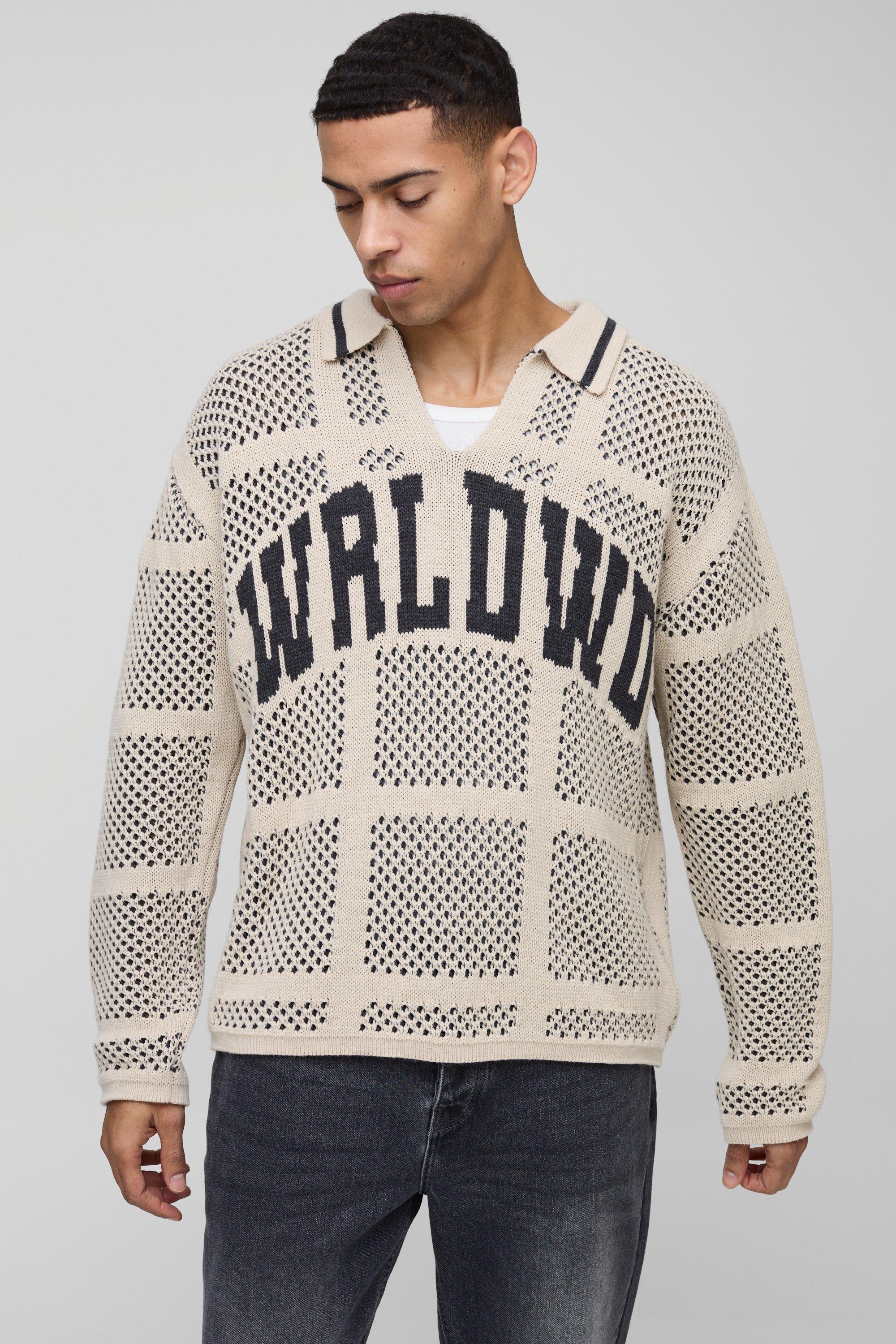 Oversized Crochet Look Rugby Knitted Polo