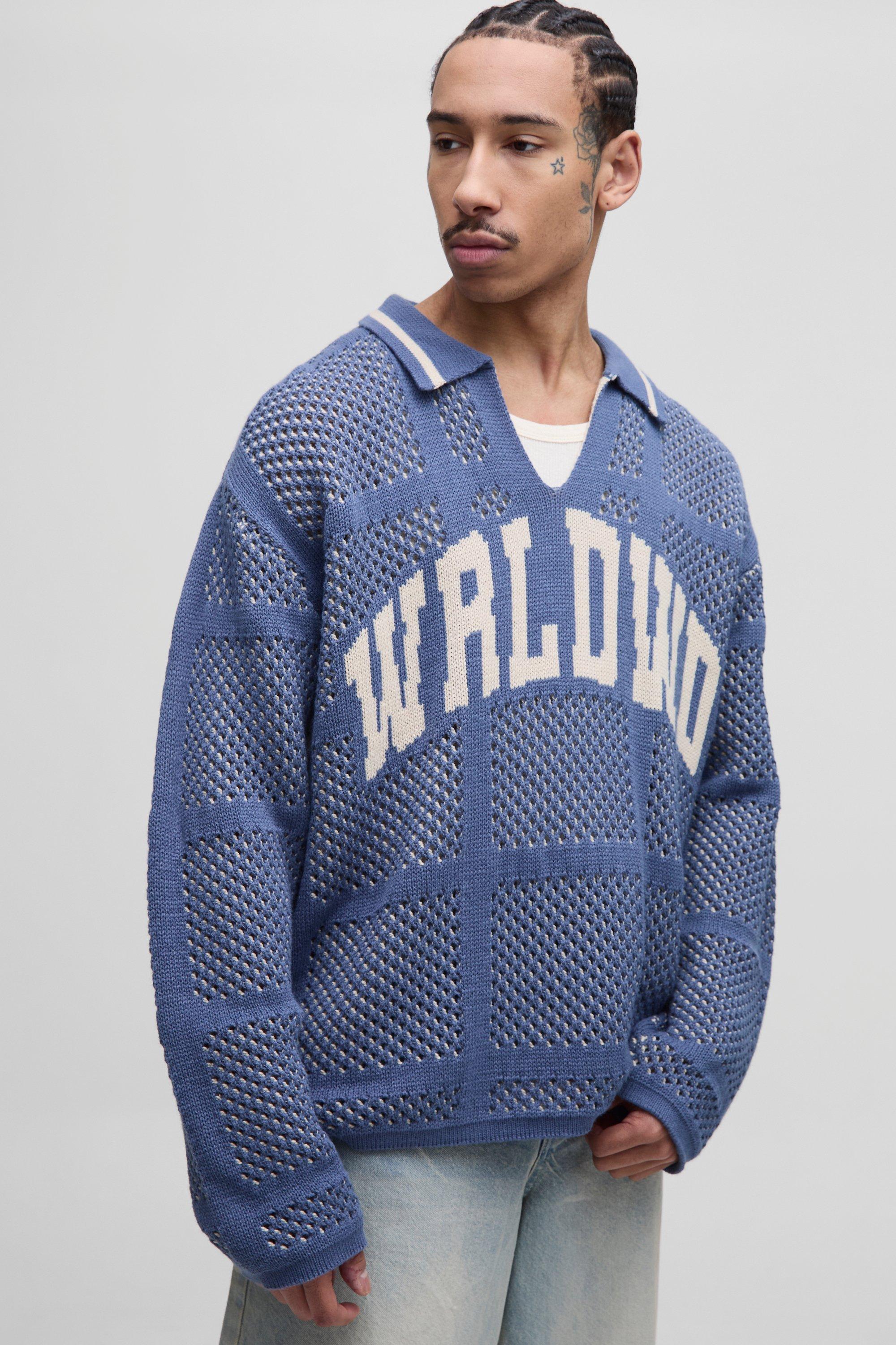 Oversized Crochet Look Rugby Knitted Polo