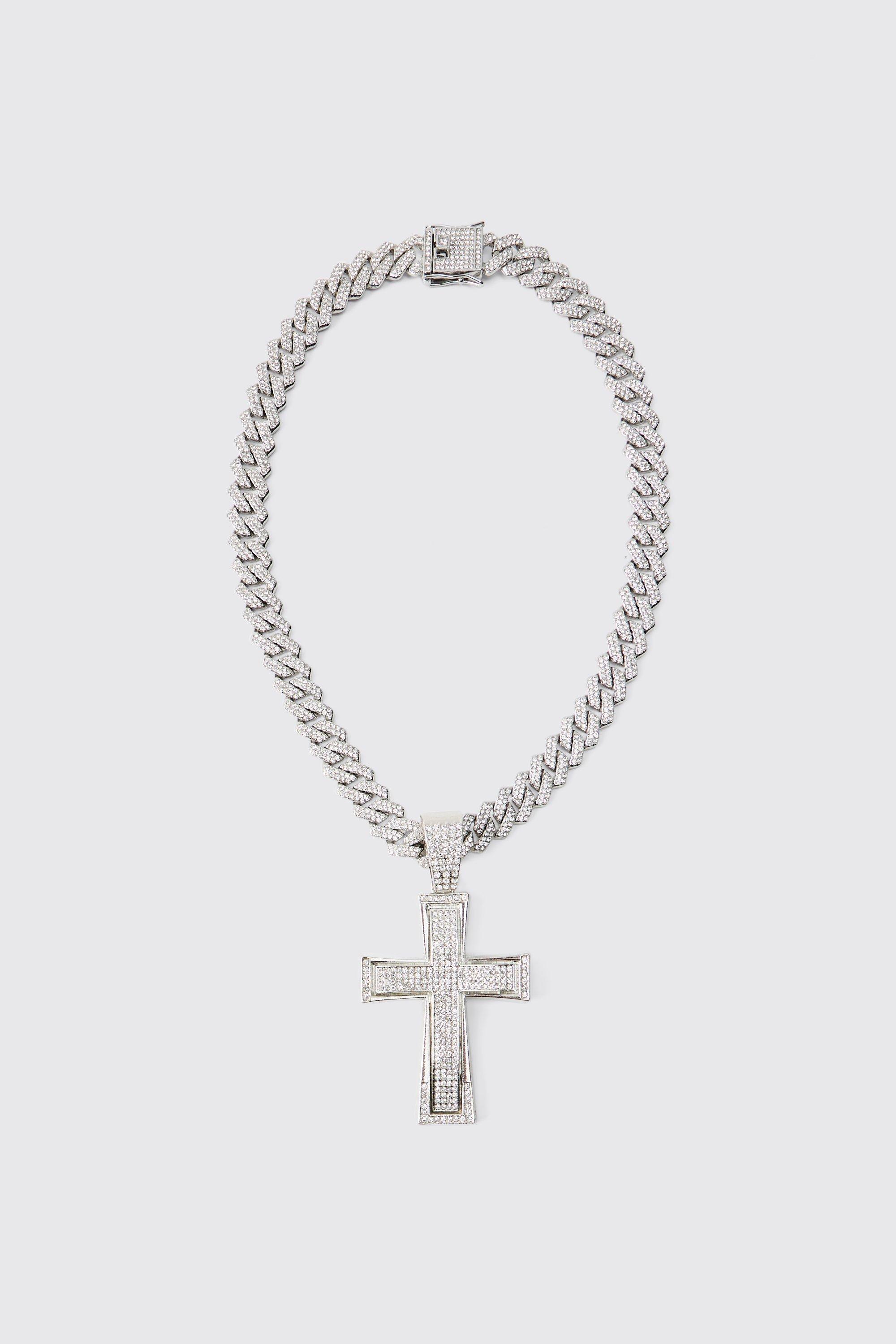 Mens Grey Fully Iced Large Prong Chain With Cross Pendant, Grey