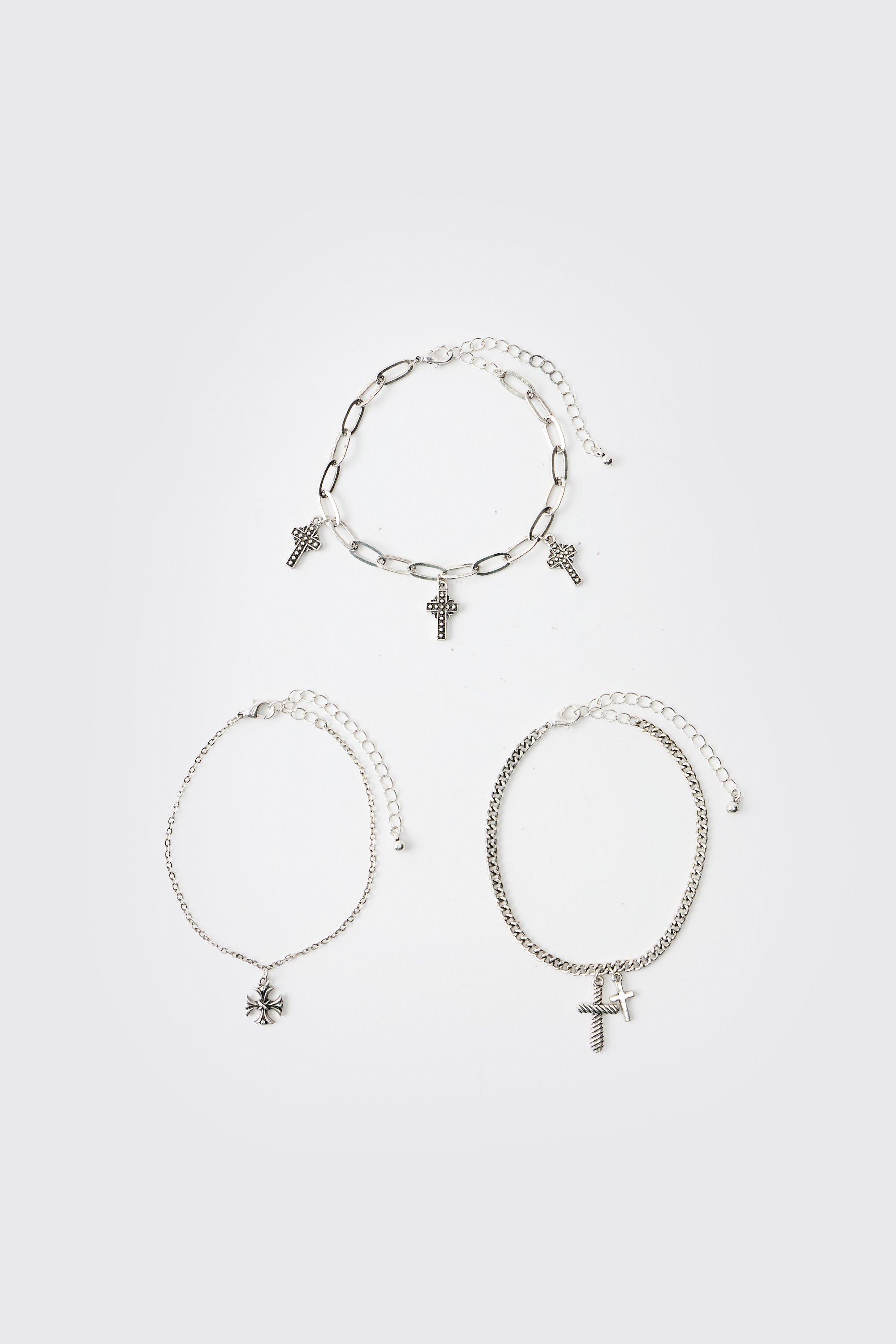 Mens Grey Cross Charm Bracelet 3 Pack, Grey