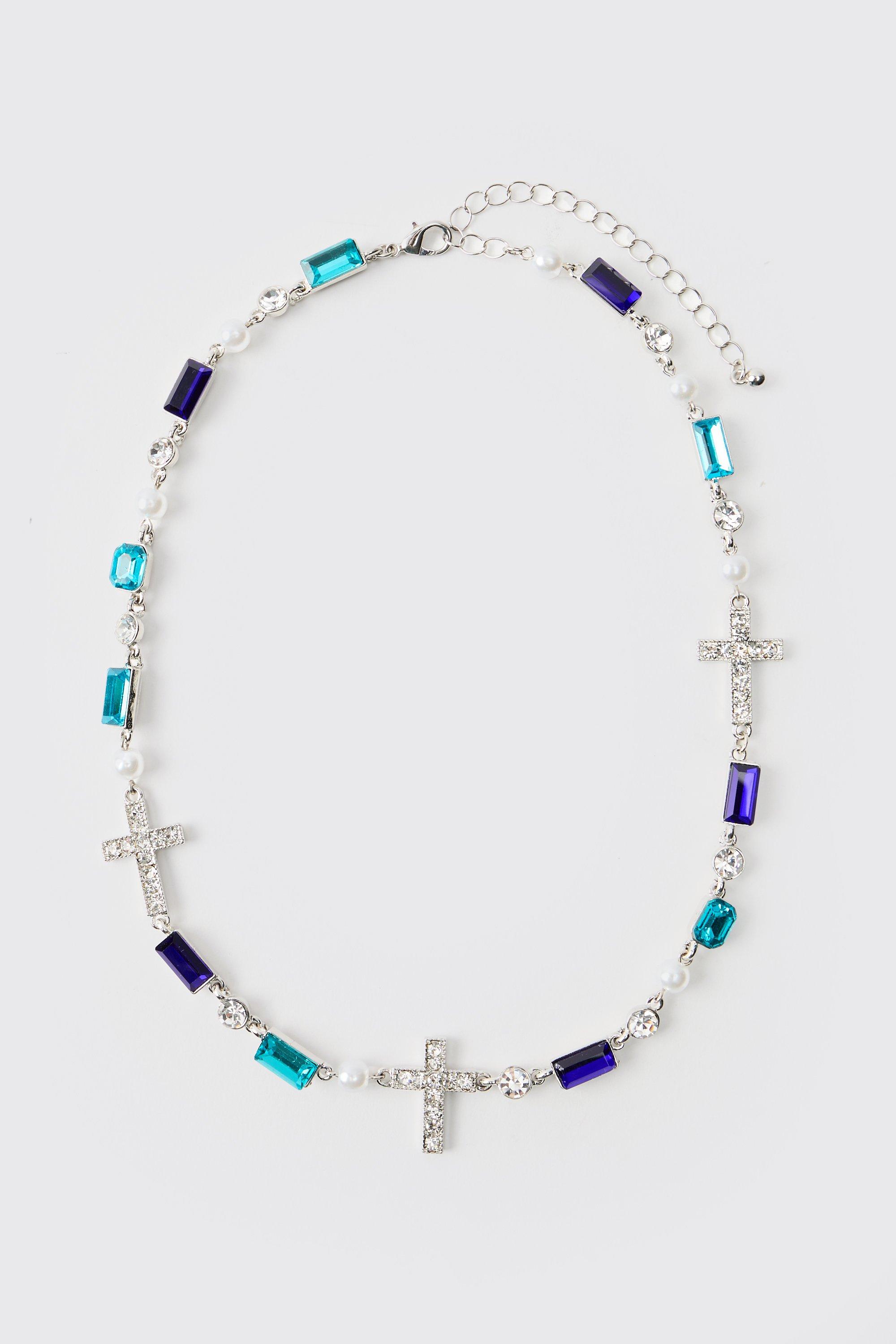 Mens Grey Cross Gem Link Necklace, Grey