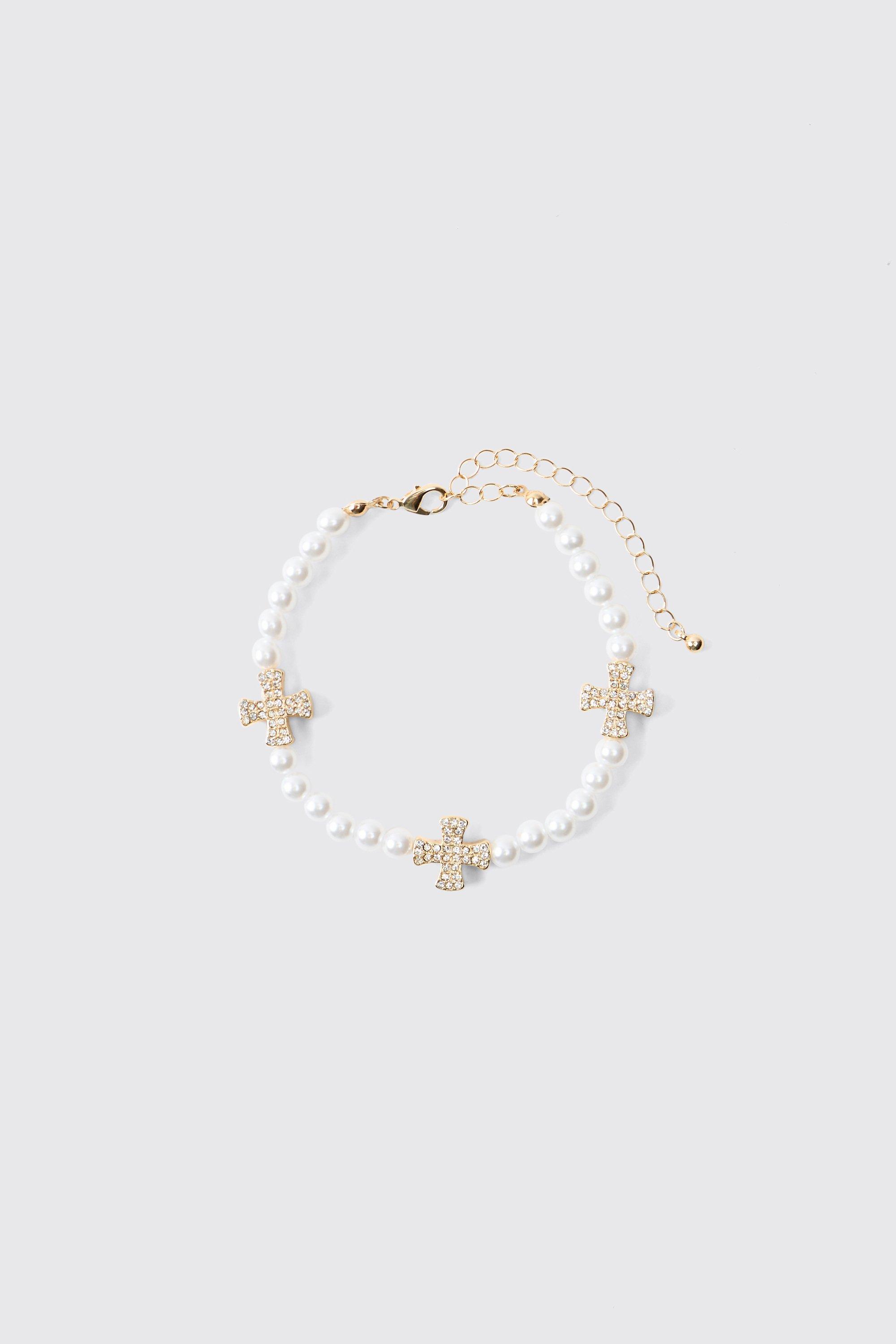 Image of Bracciale di perle con pendente a croce ghiacciata, Bianco