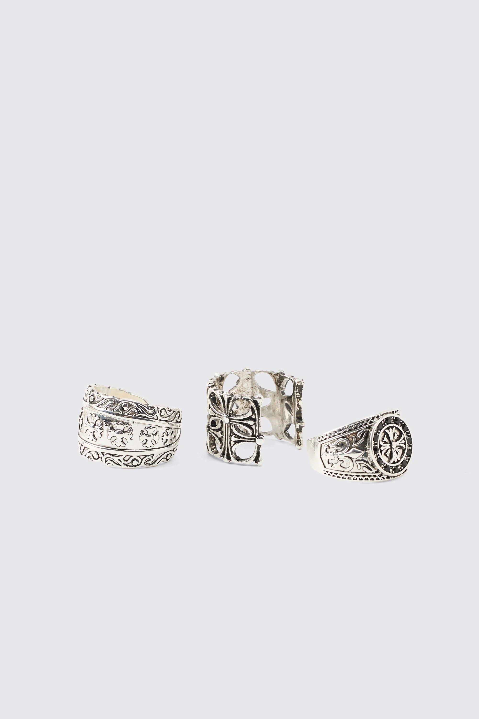 Mens Grey Silver Cross Ring 3 Pack, Grey
