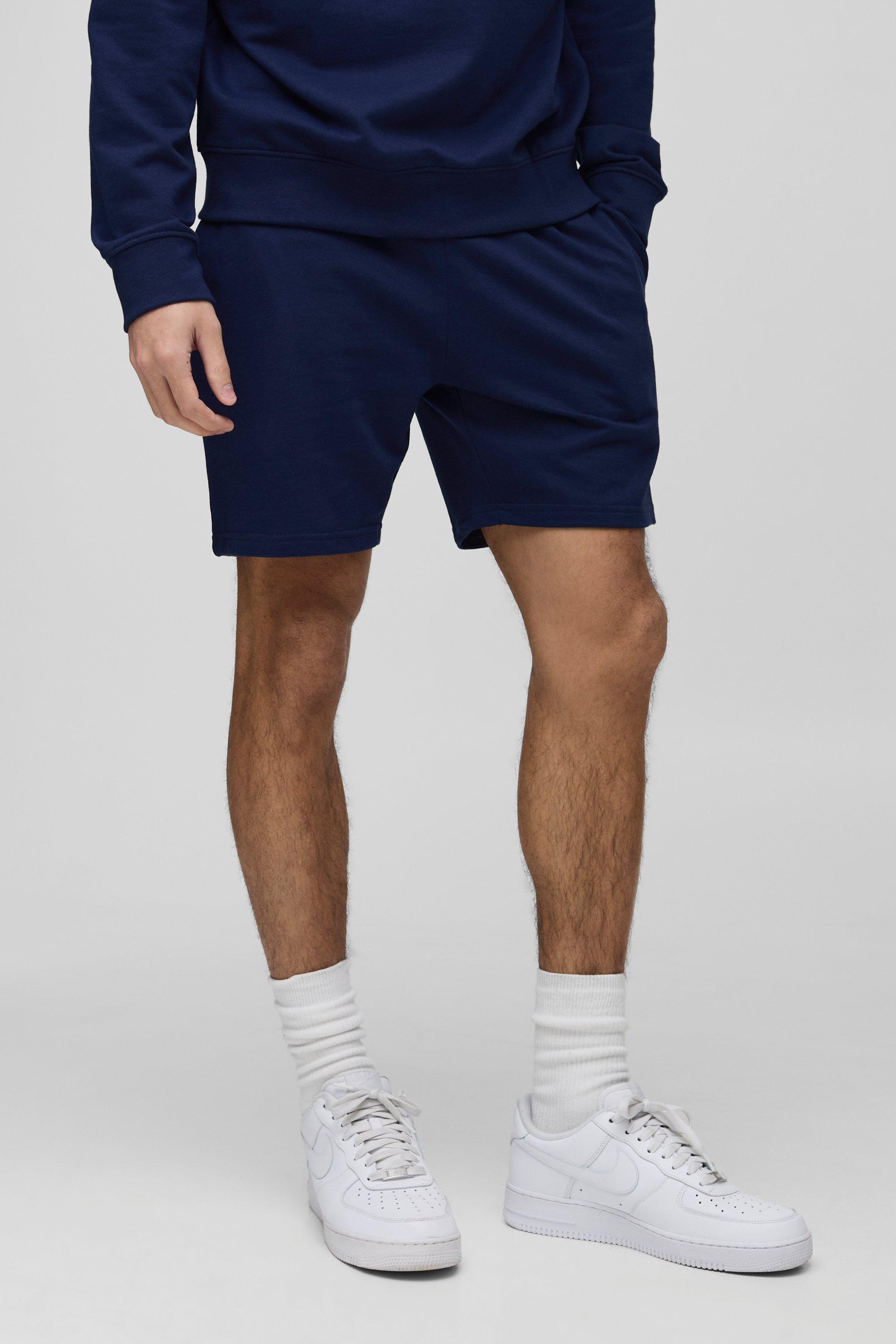 Mens Navy 260GSM Loopback Basic Slim Fit Short Length Shorts, Navy