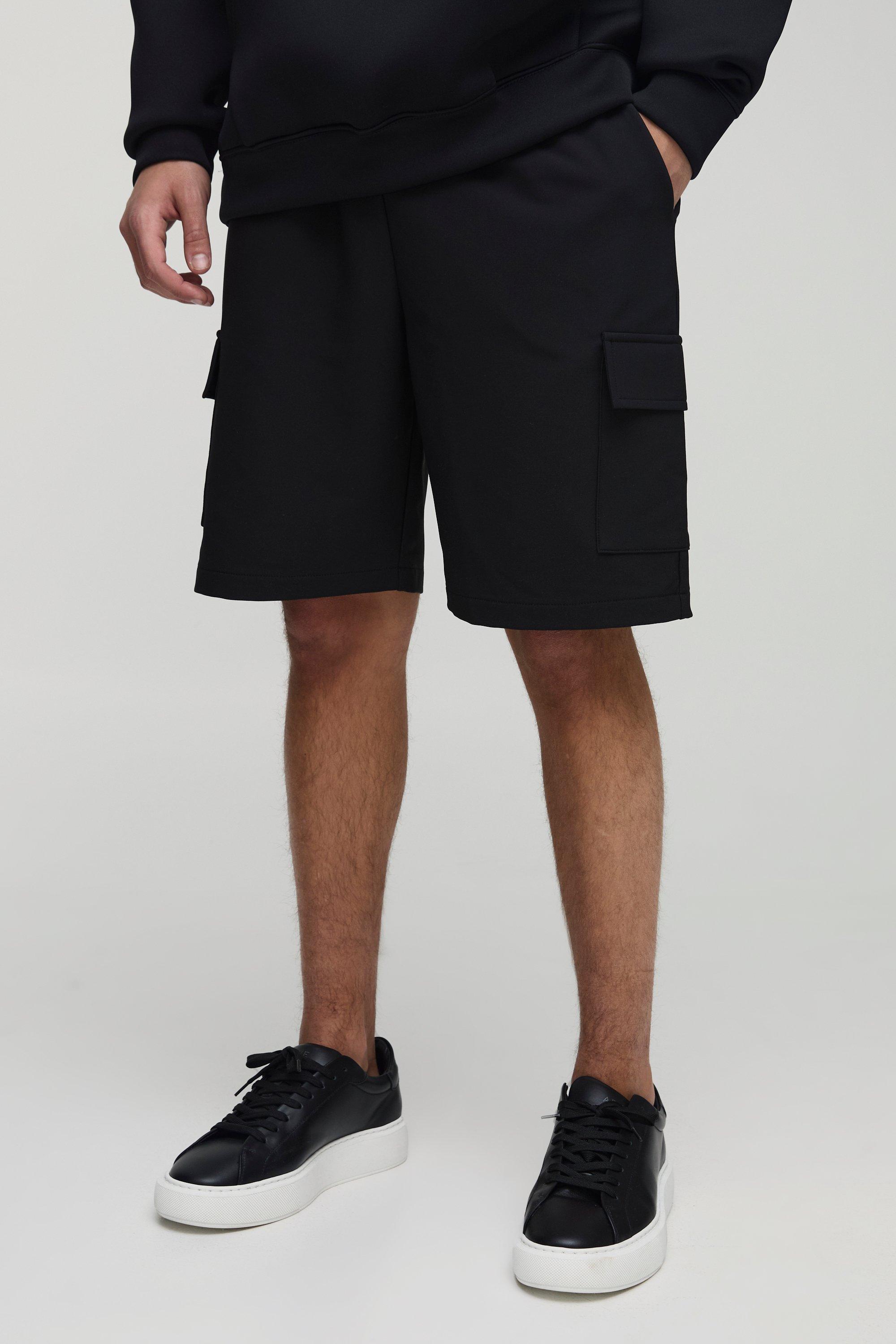 Mens Black Elasticated Waist Relaxed Technical Stretch Cargo Shorts, Black