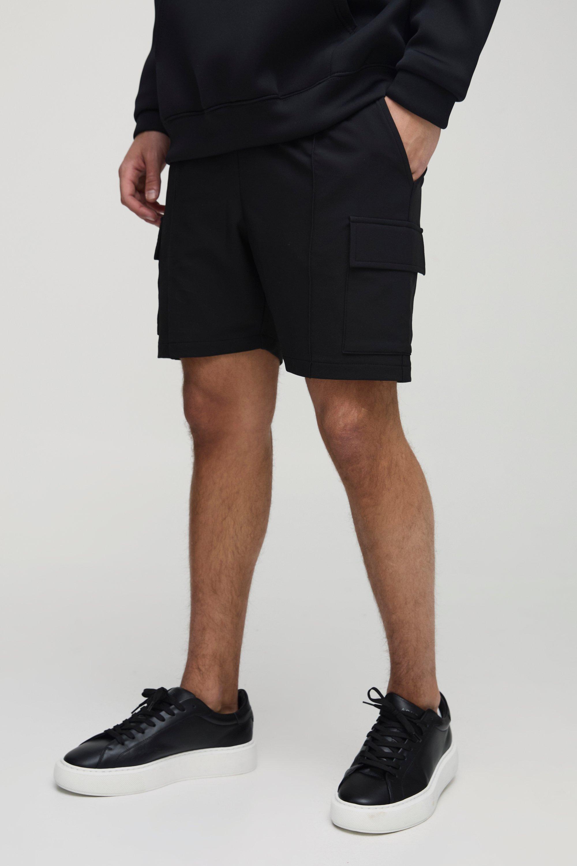 Mens Black Elasticated Waist Slim Technical Stretch Pintuck Cargo Shorts, Black