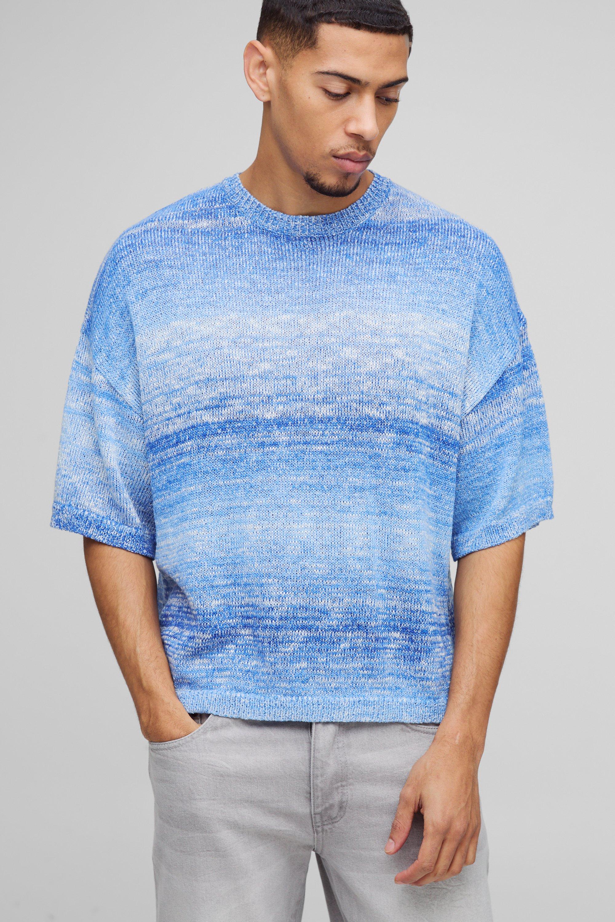 Mens Blue Oversized Boxy Ombre Stripe Lightweight Knitted T-Shirt, Blue