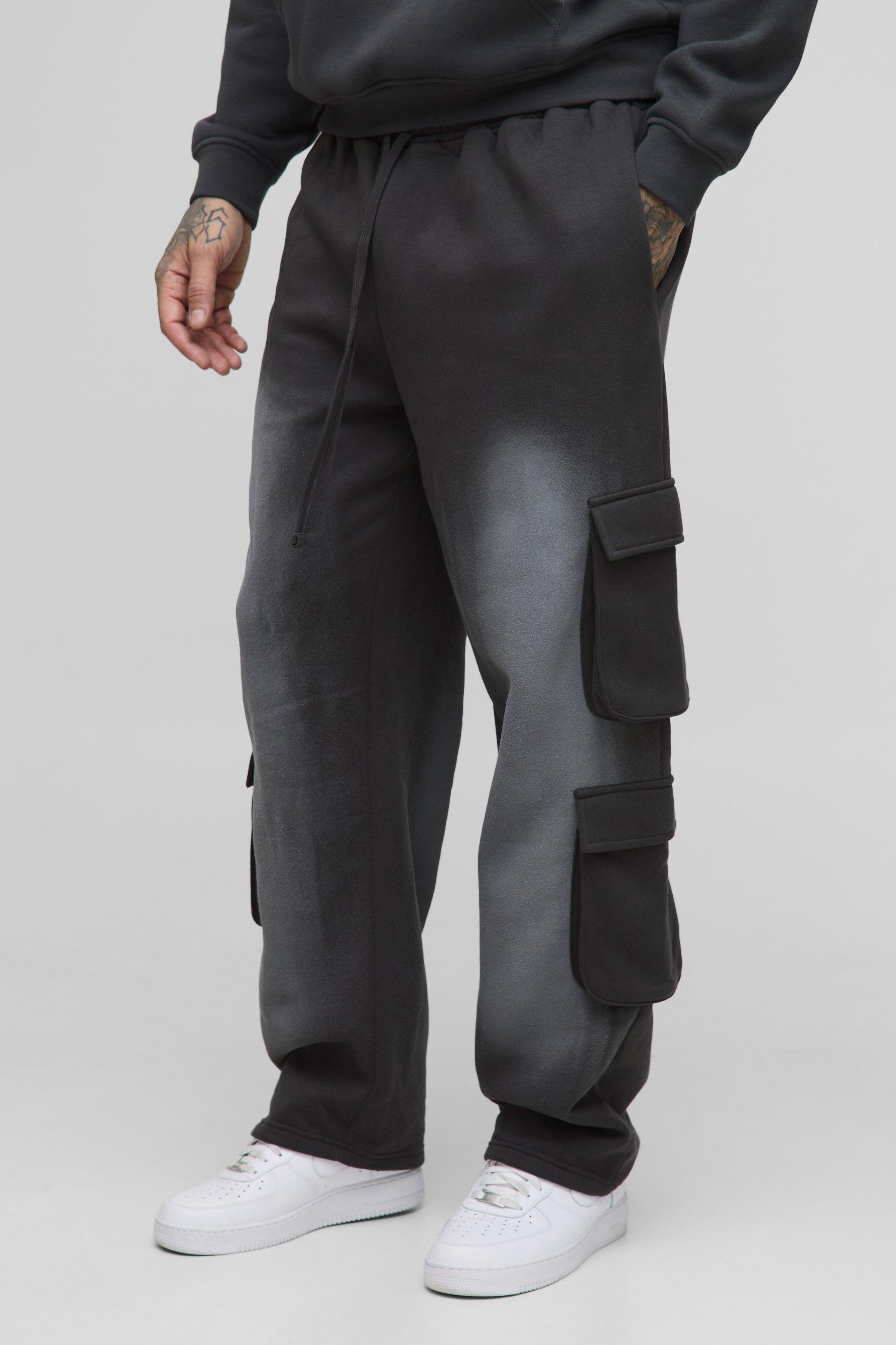 Mens Grey Tall Oversized Spray Wash Cargo Joggers, Grey
