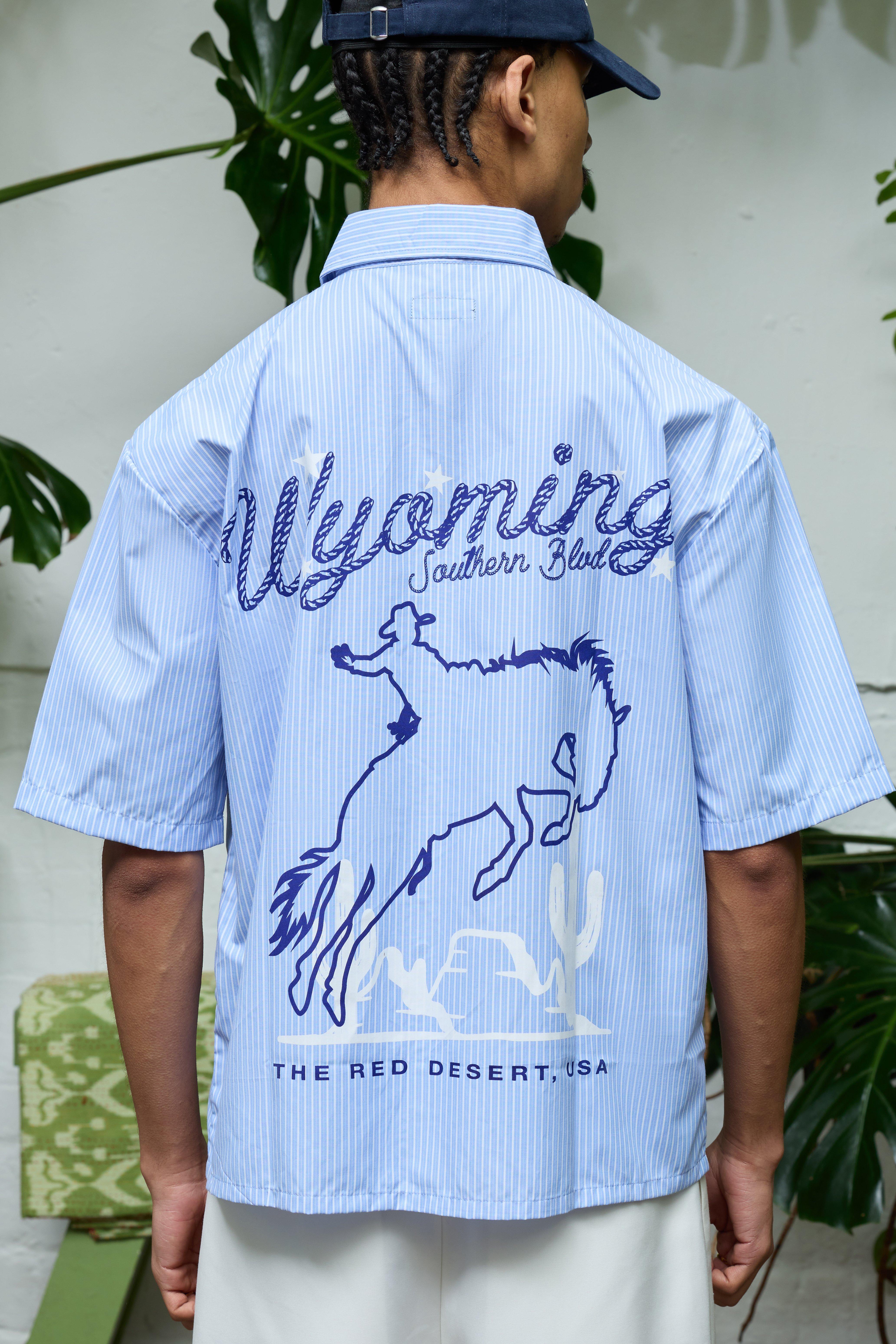 Mens Blue Oversized Western Slogan Stripe Shirt, Blue
