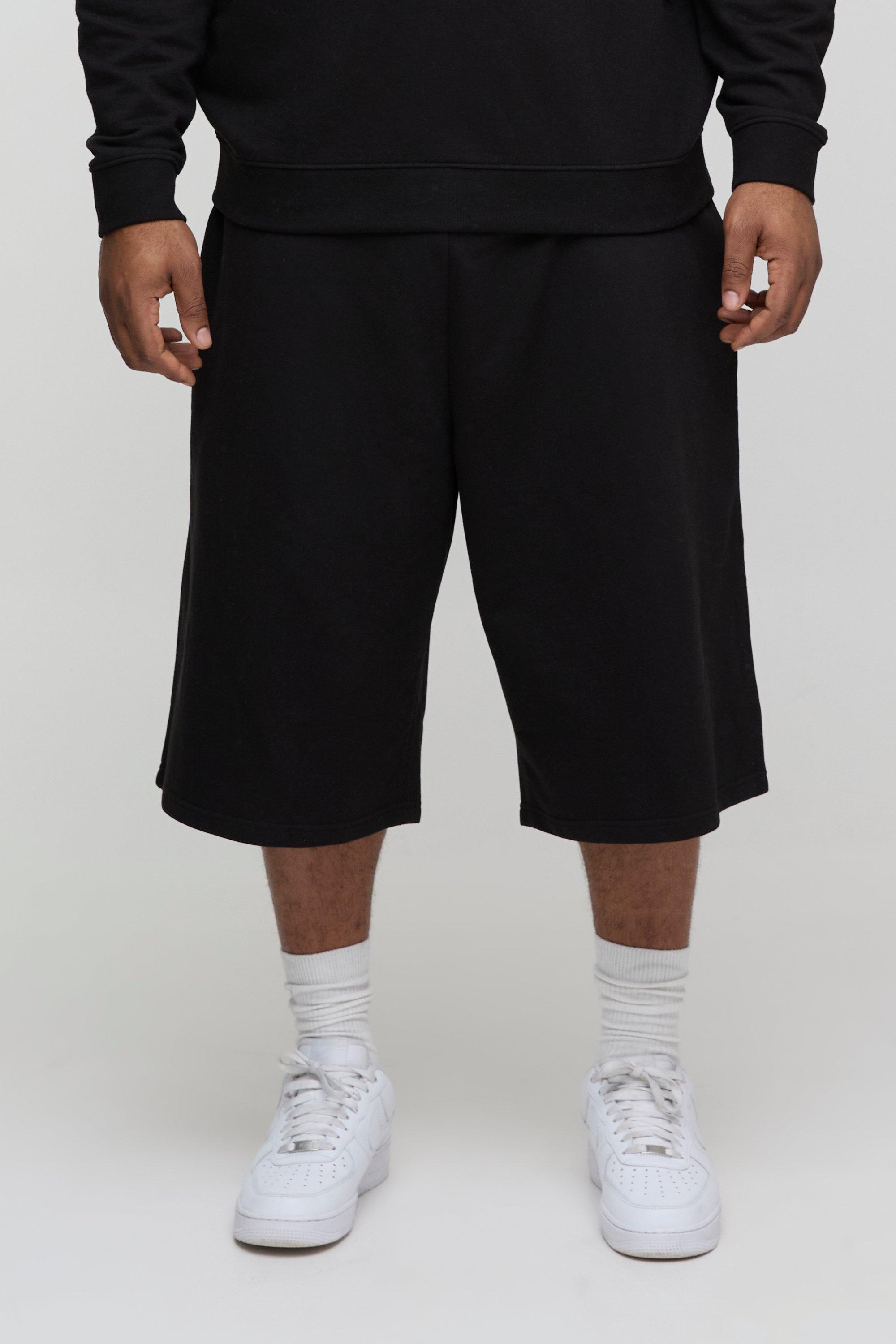 Mens Black Plus 260GSM Loopback Basic Regular Fit Jersey Longline Shorts, Black