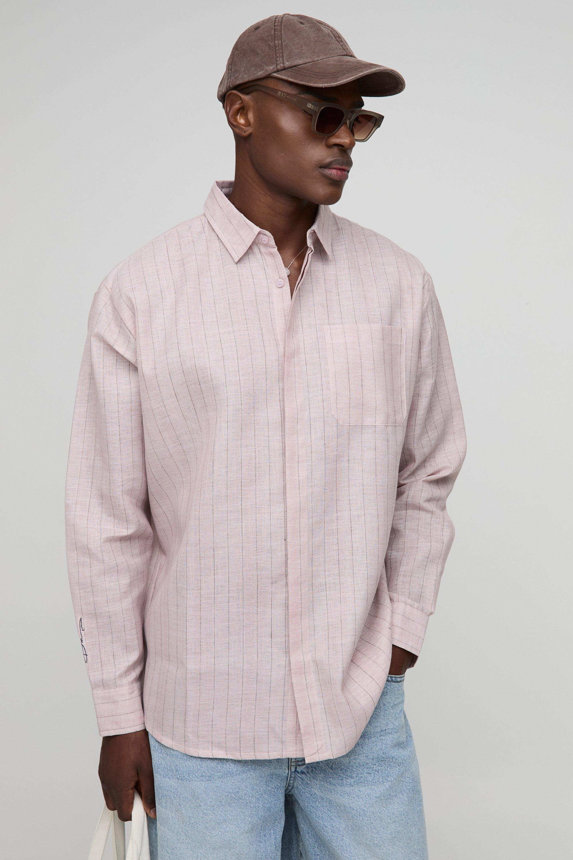 Mens Pink Oversized BoohooMan Linen Look Stripe Shirt, Pink