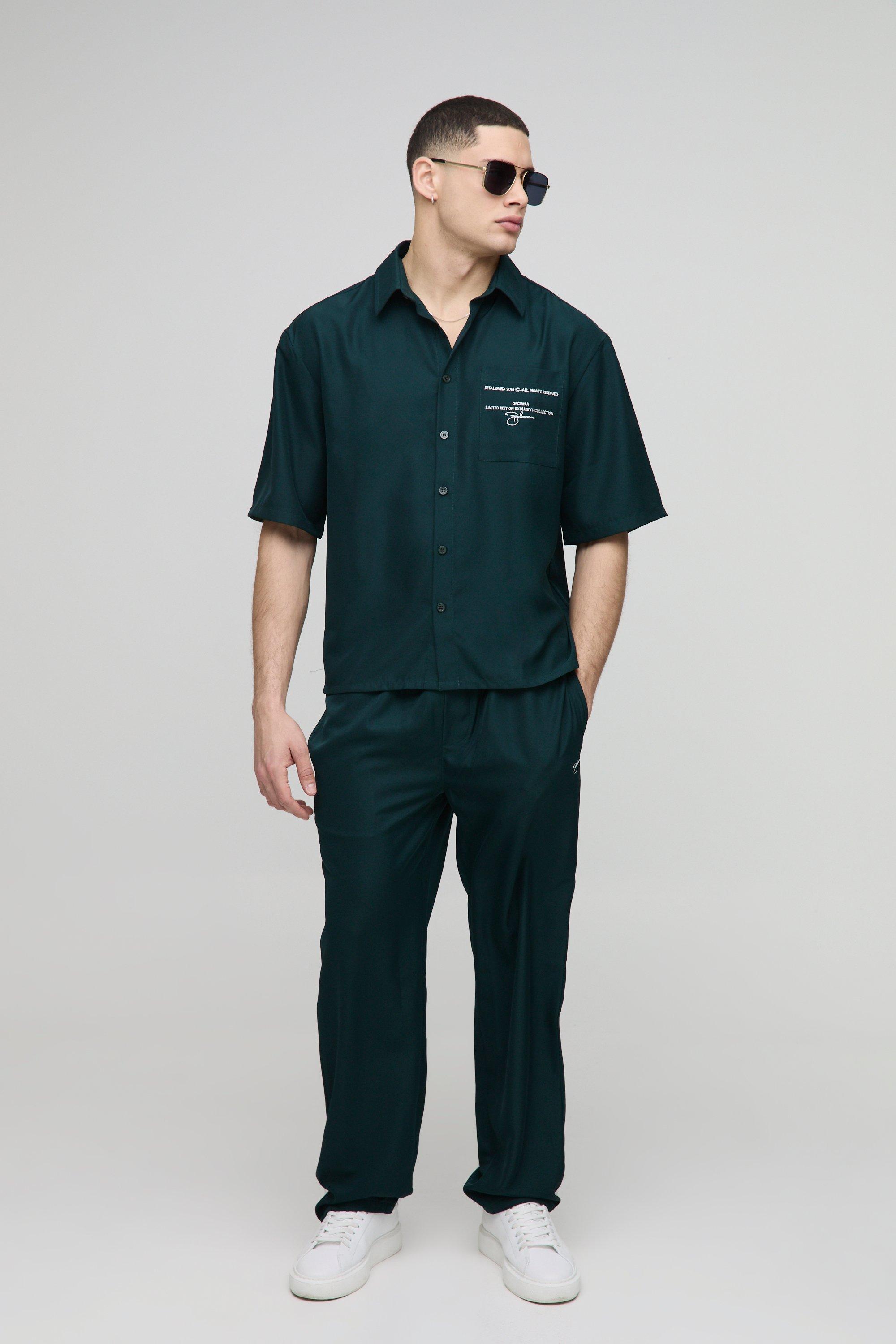 Mens Green Oversized Linen Look Shirt & Trouser Set, Green