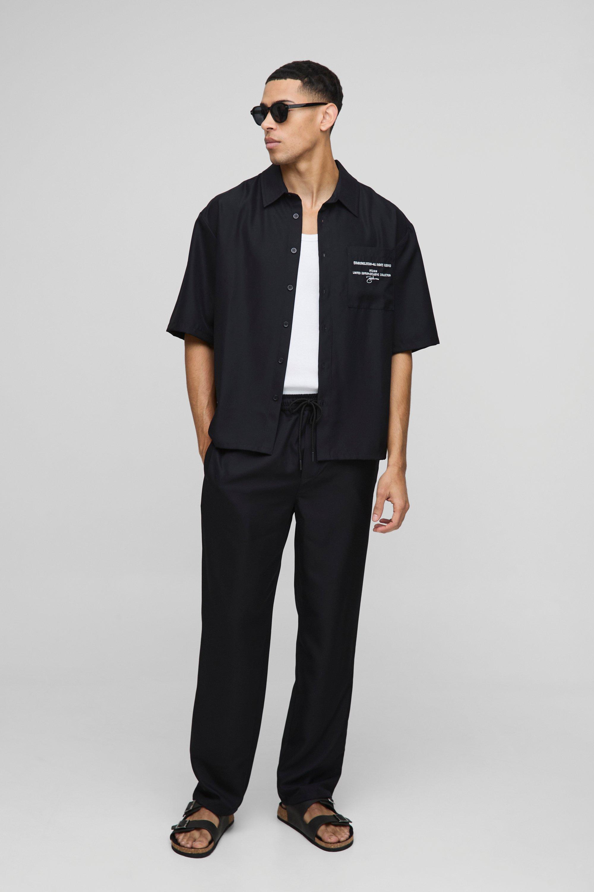 Mens Black Oversized Soft Twill Shirt & Trouser Set, Black
