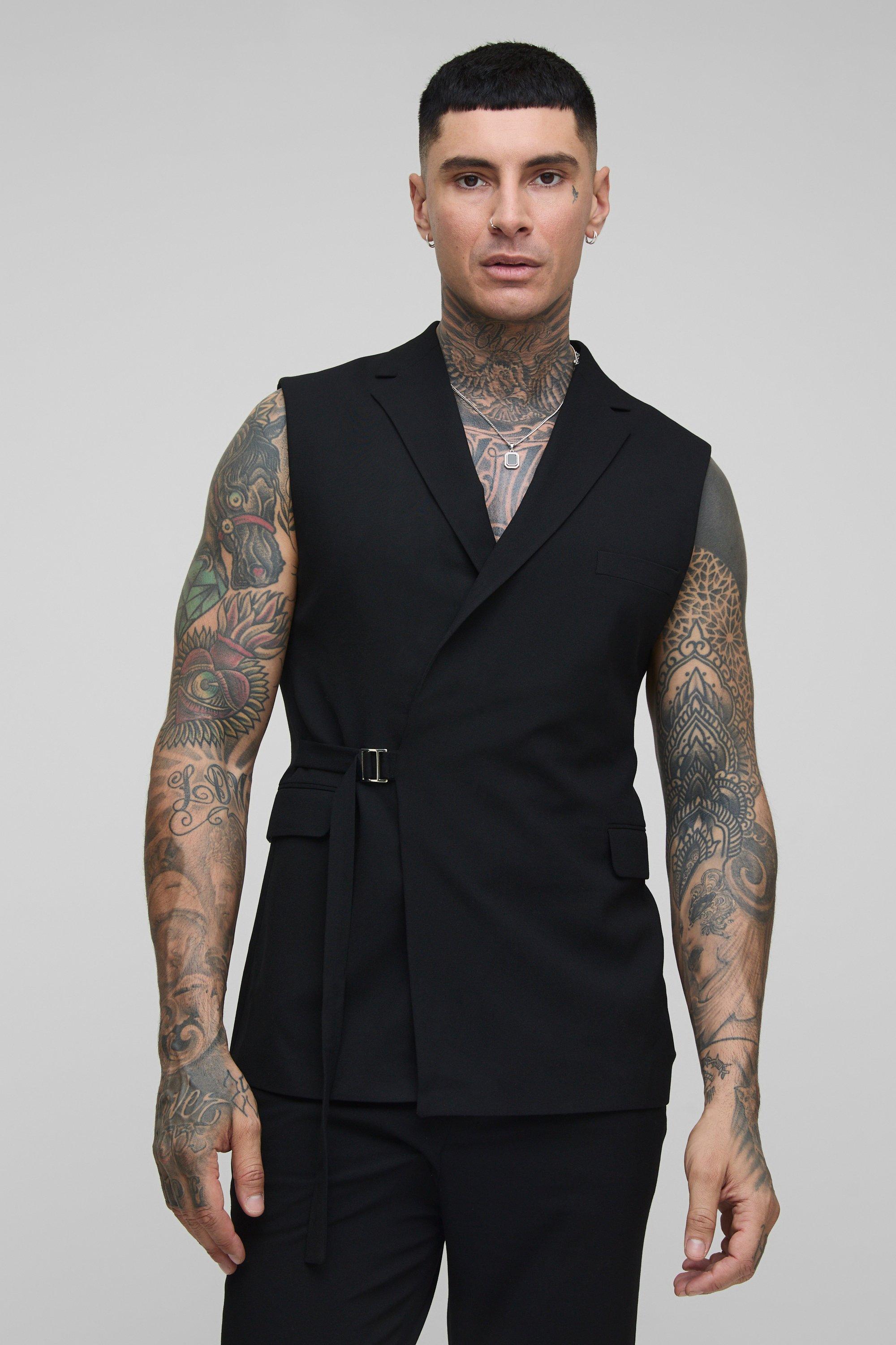 Mens Black Slim Fit Wrap Detail Sleeveless Suit Jacket, Black