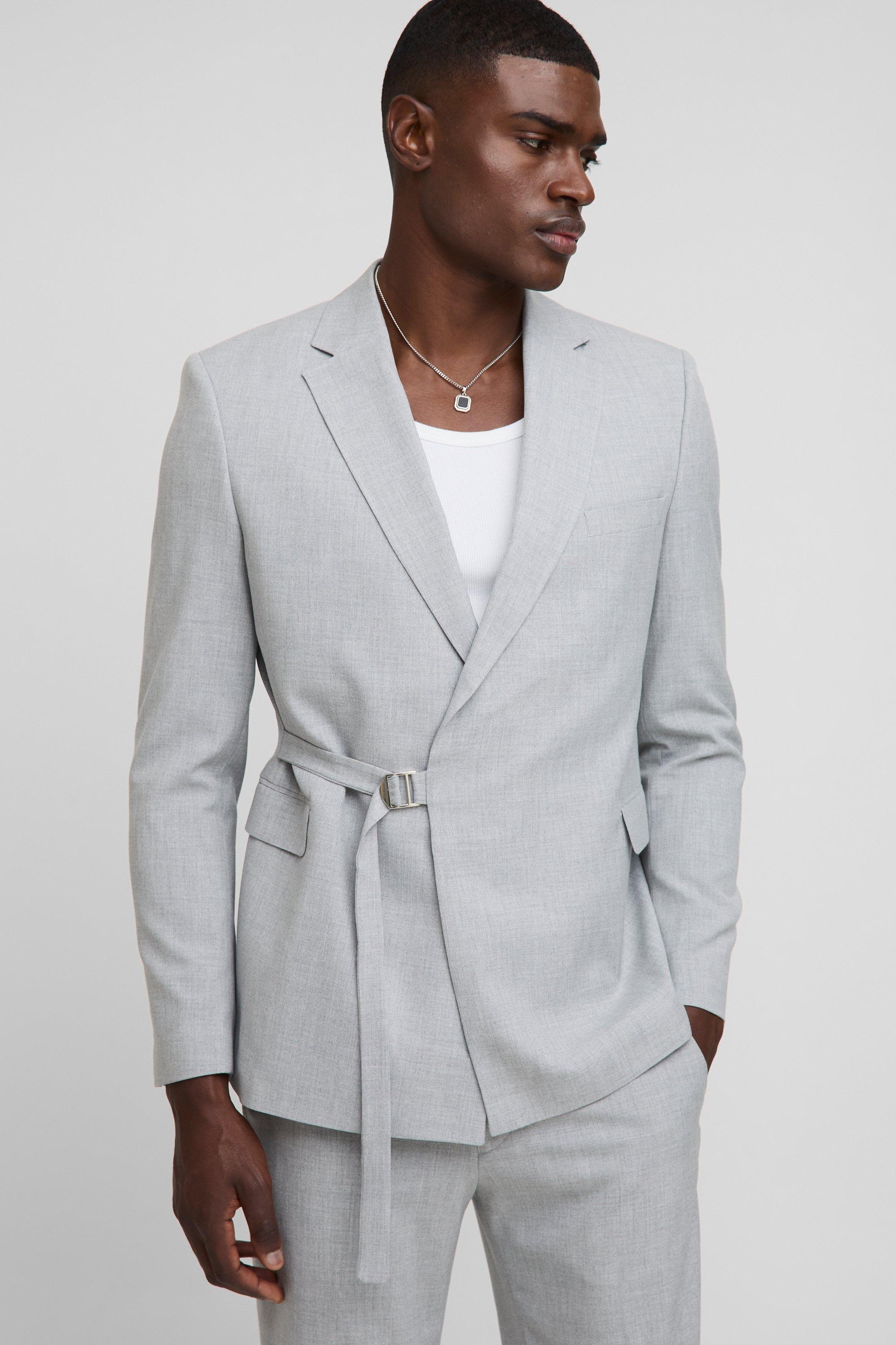 Mens Grey Straight Fit Wrap Detail Suit Jacket, Grey