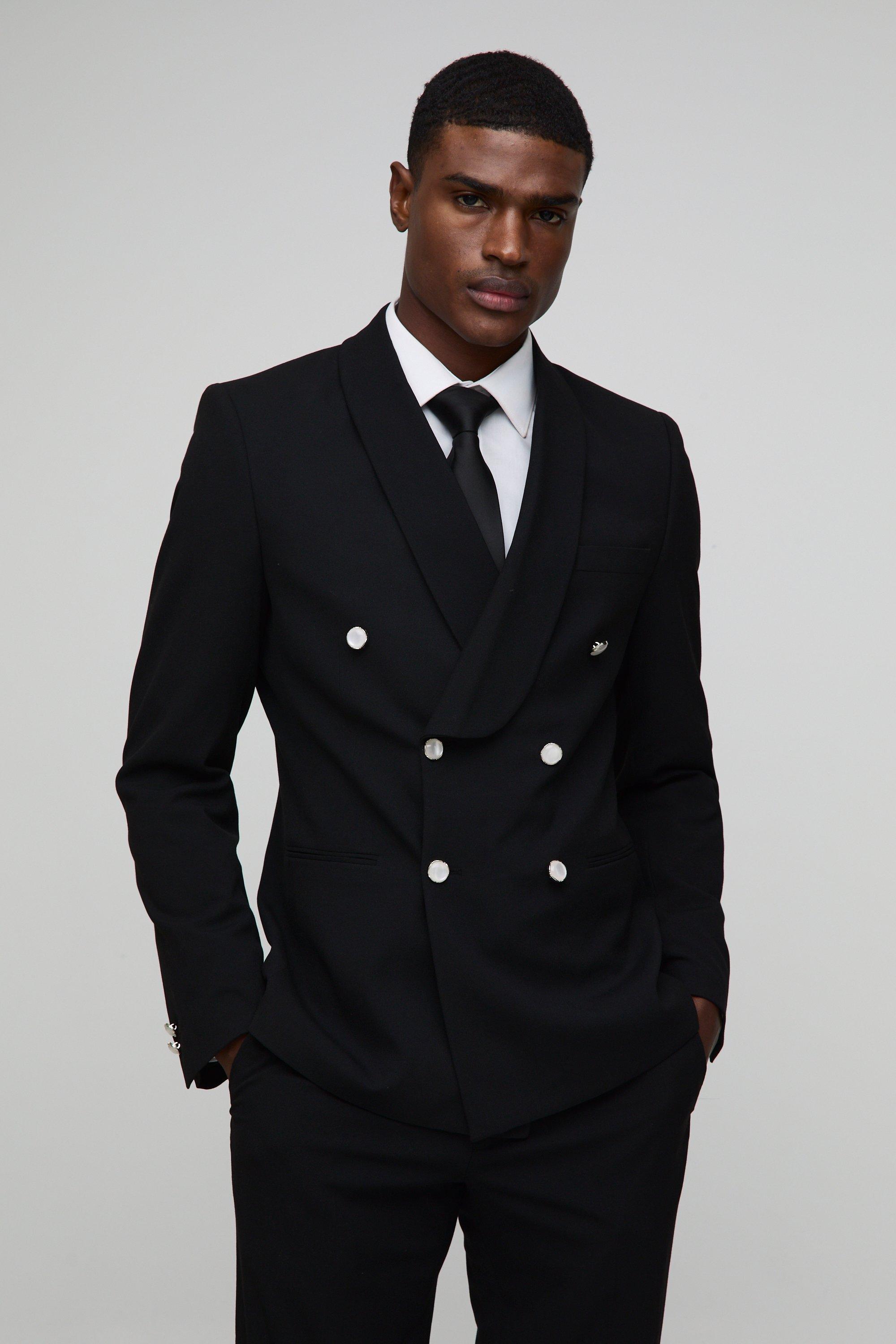 Mens Black Straight Fit Double Breasted Suit Jacket, Black