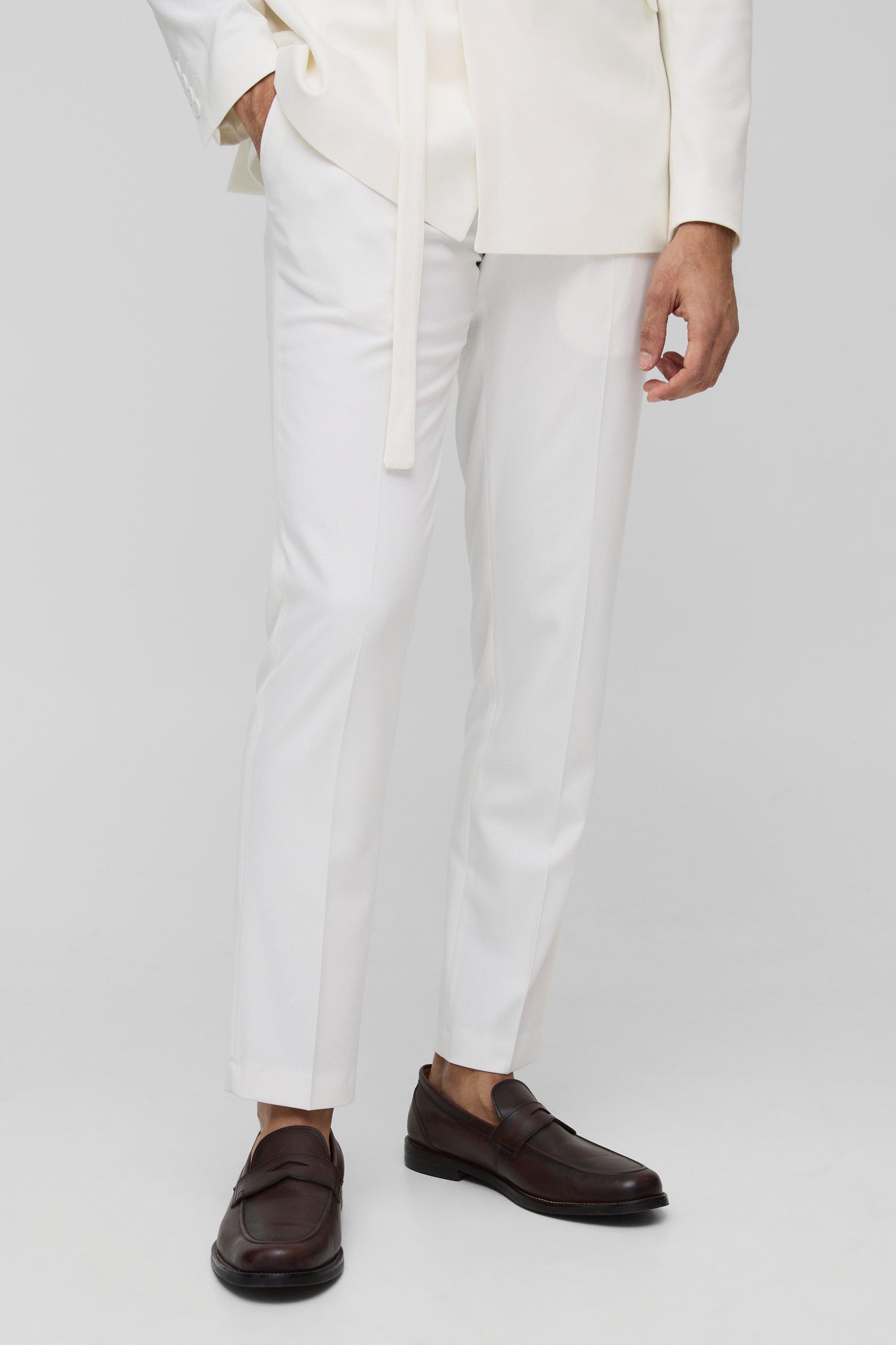 Mens White Slim Fit Fixed Waistband Suit Trousers, White