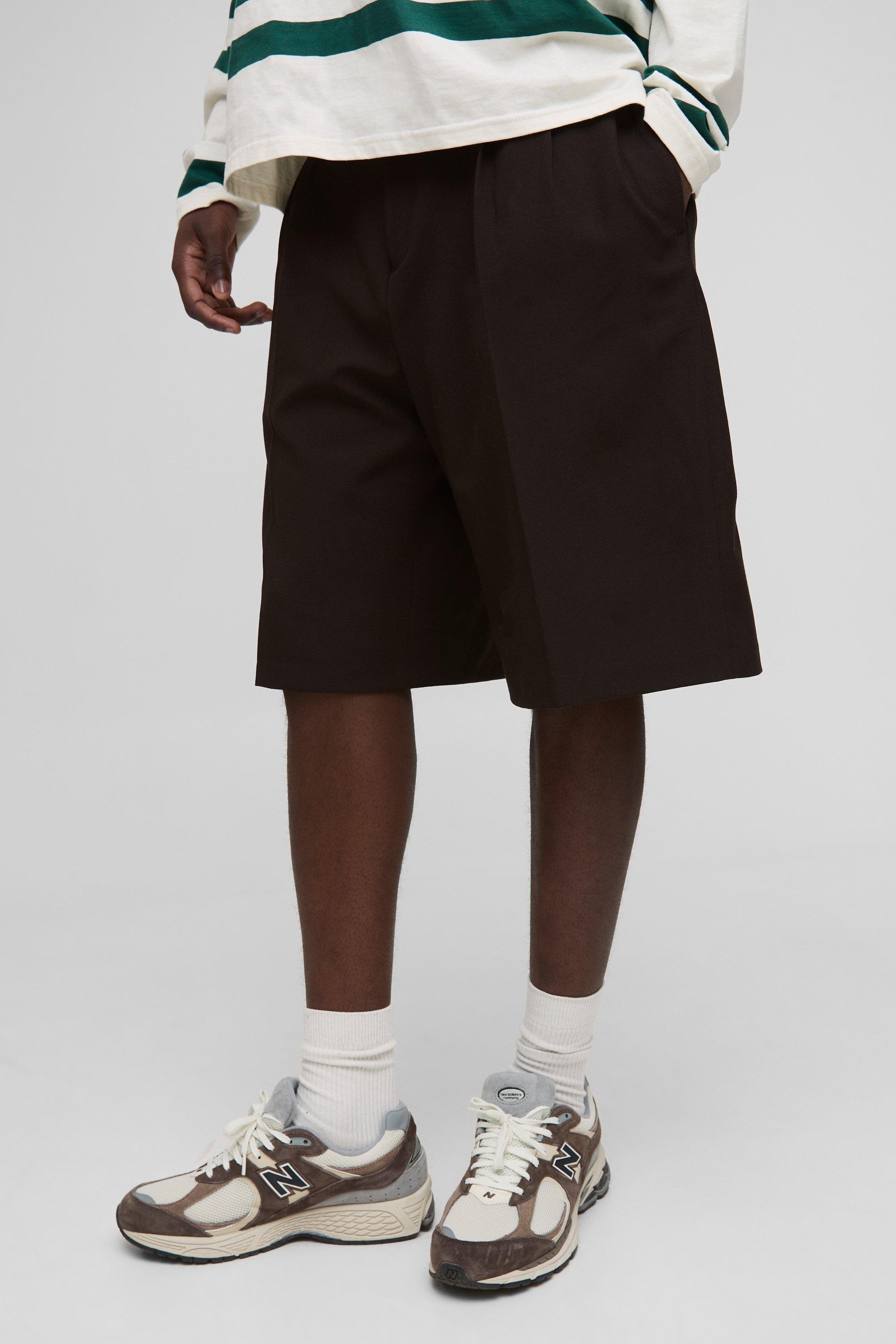 Mens Brown Pleated Fixed Waistband Tailored Jorts, Brown