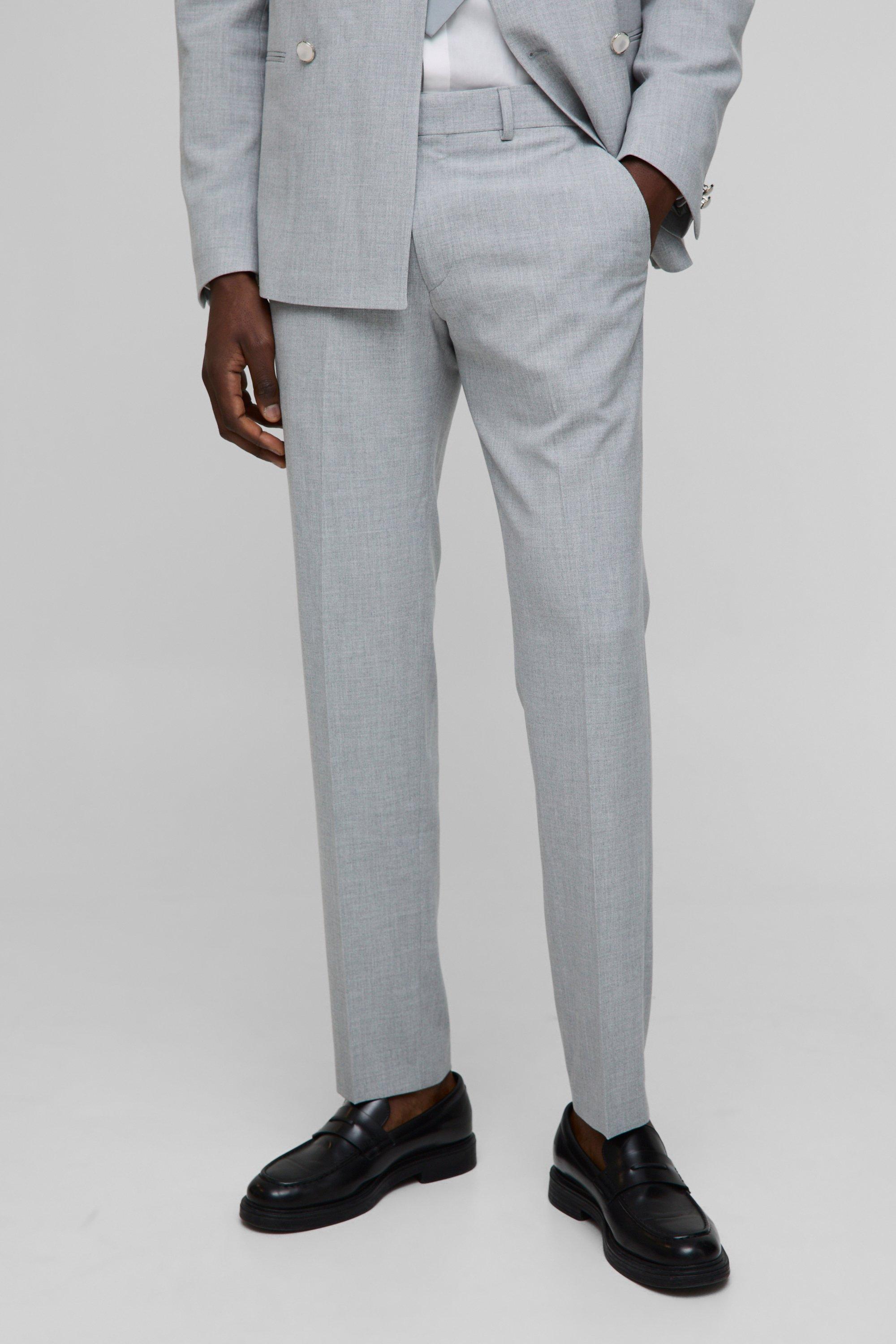 Mens Grey Slim Fit Fixed Waistband Suit Trousers, Grey