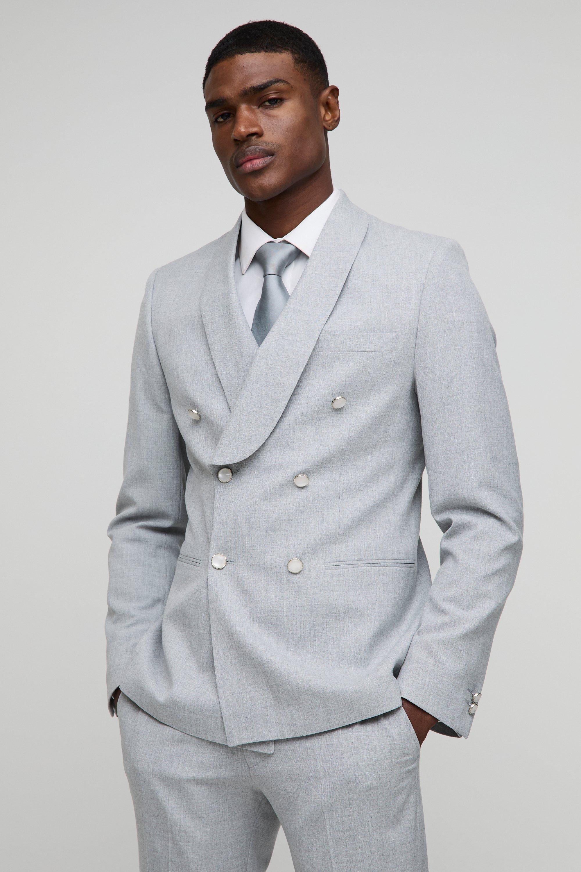 Mens Grey Slim Fit Double Breasted Suit Jacket, Grey