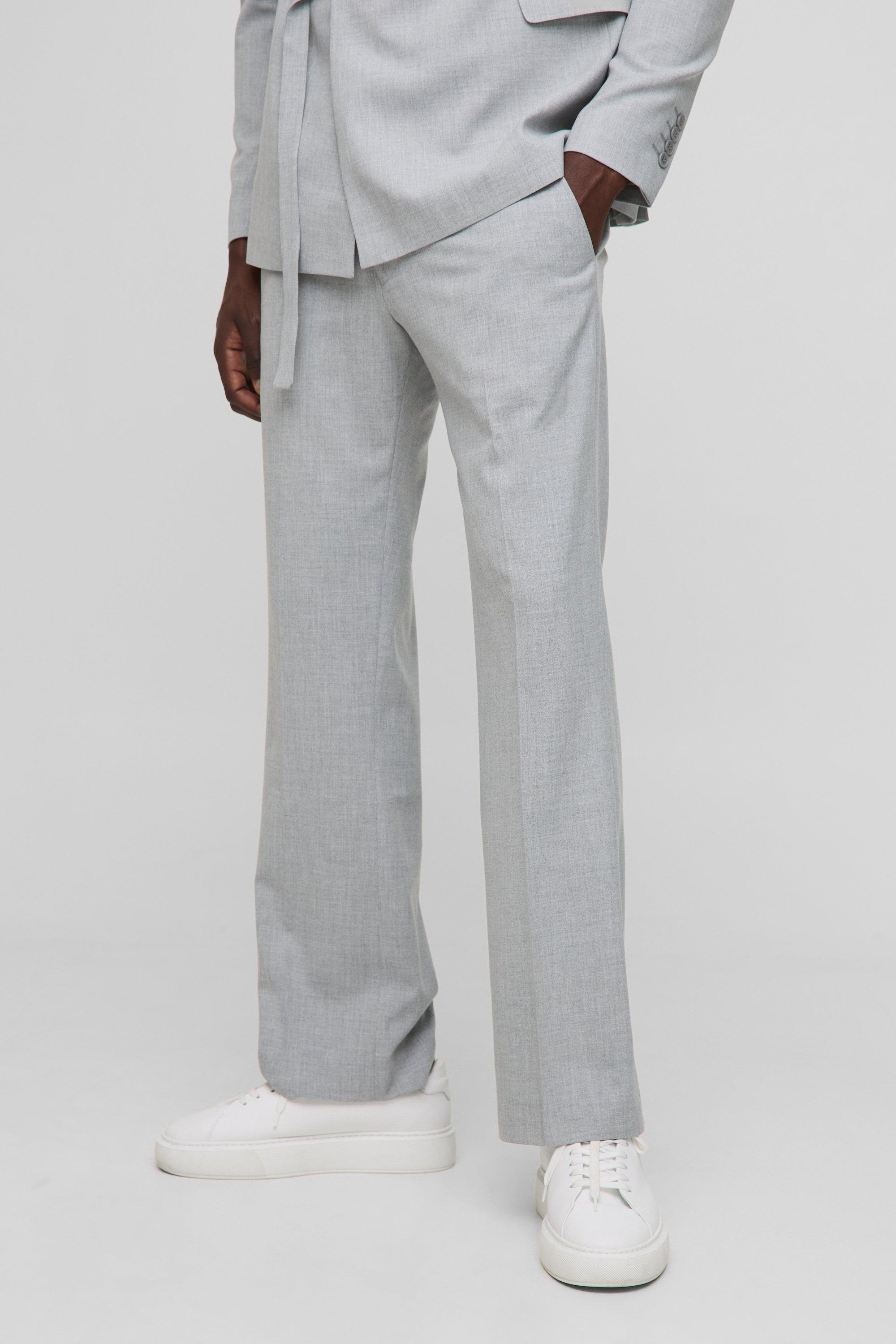 Mens Grey Slim Fit Flare Fixed Waistband Suit Trousers, Grey