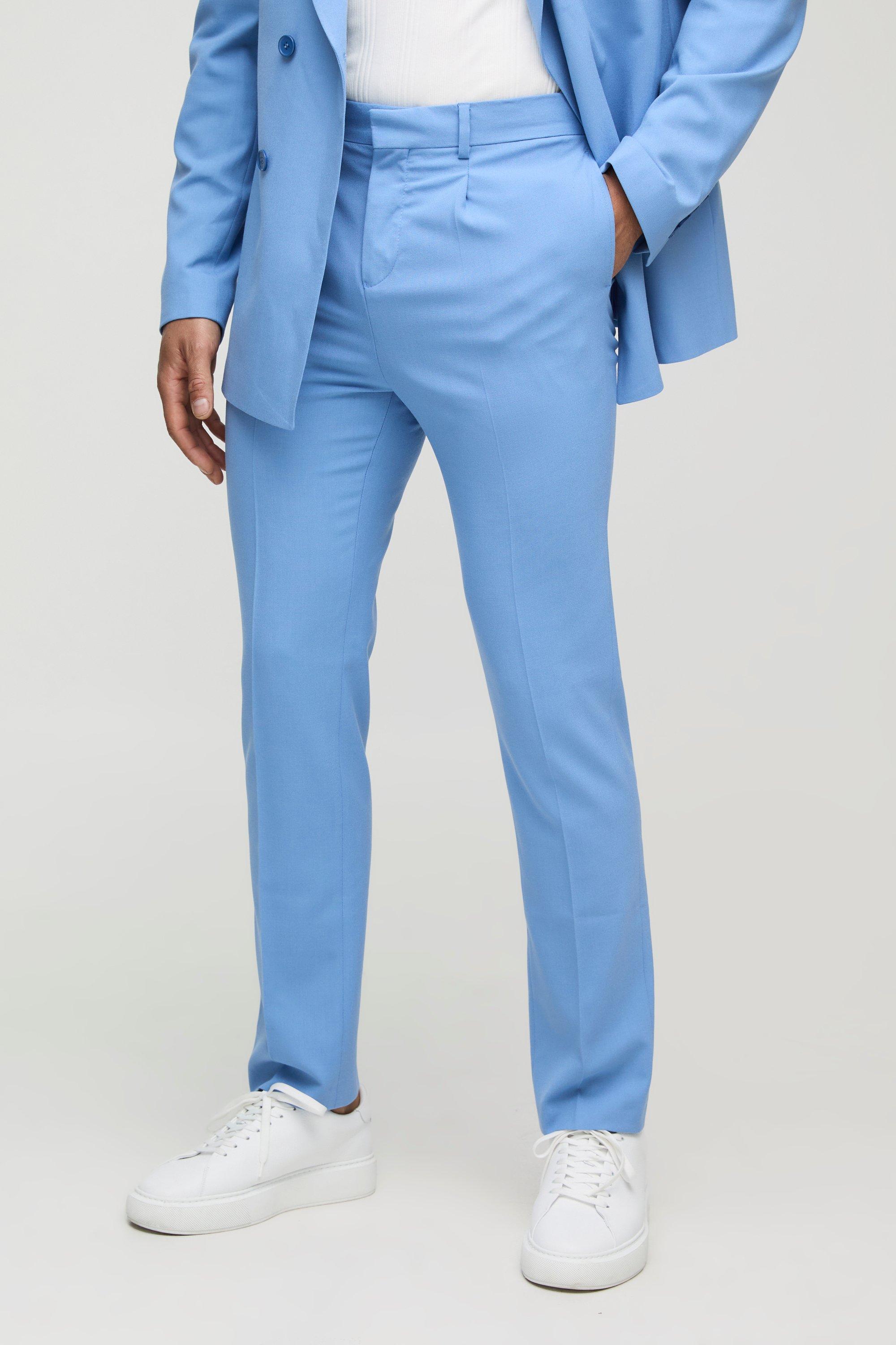 Mens Blue Straight Fit Pleat Front Fixed Waistband Suit Trousers, Blue