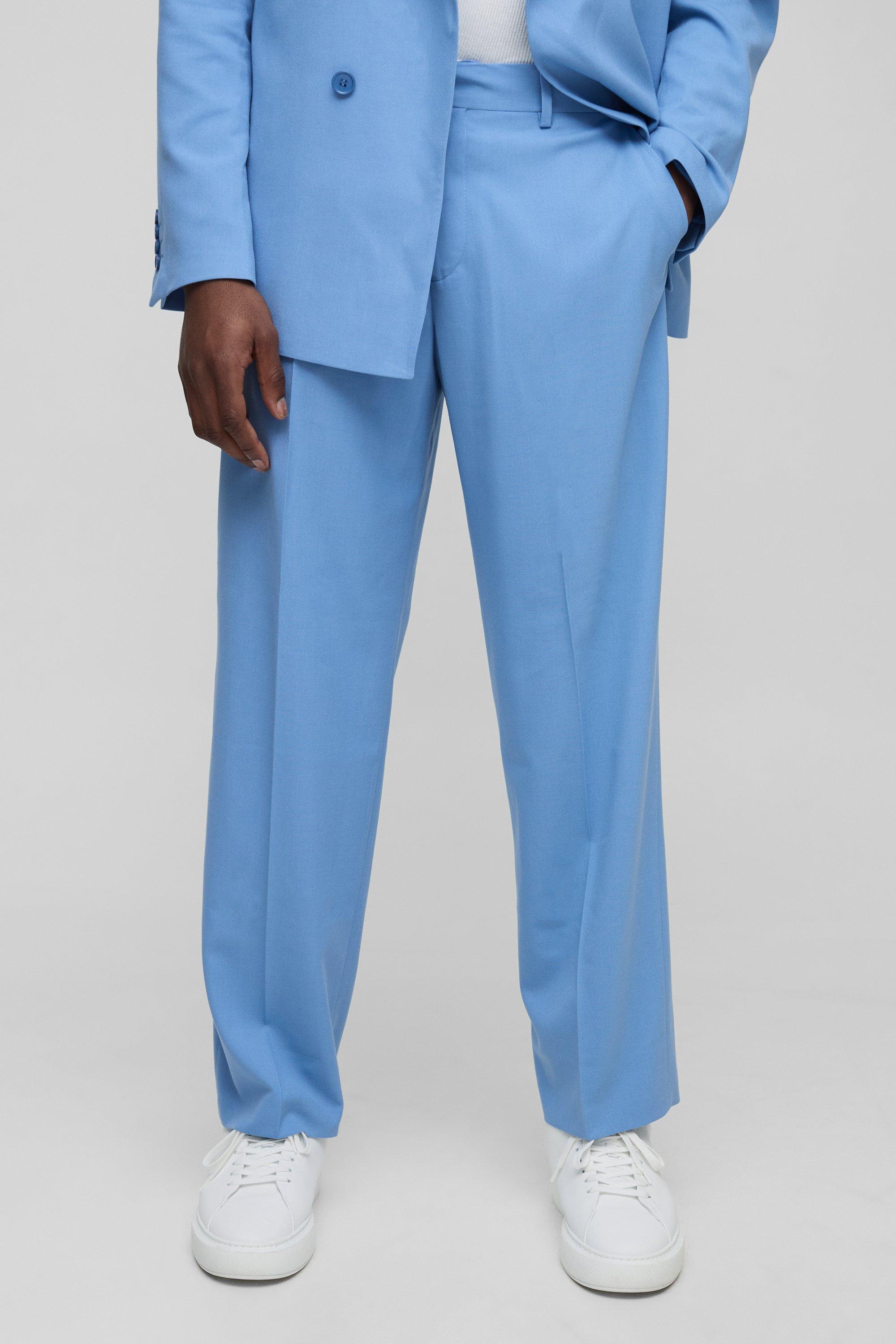 Mens Blue Relaxed Fit Fixed Waistband Suit Trouser, Blue