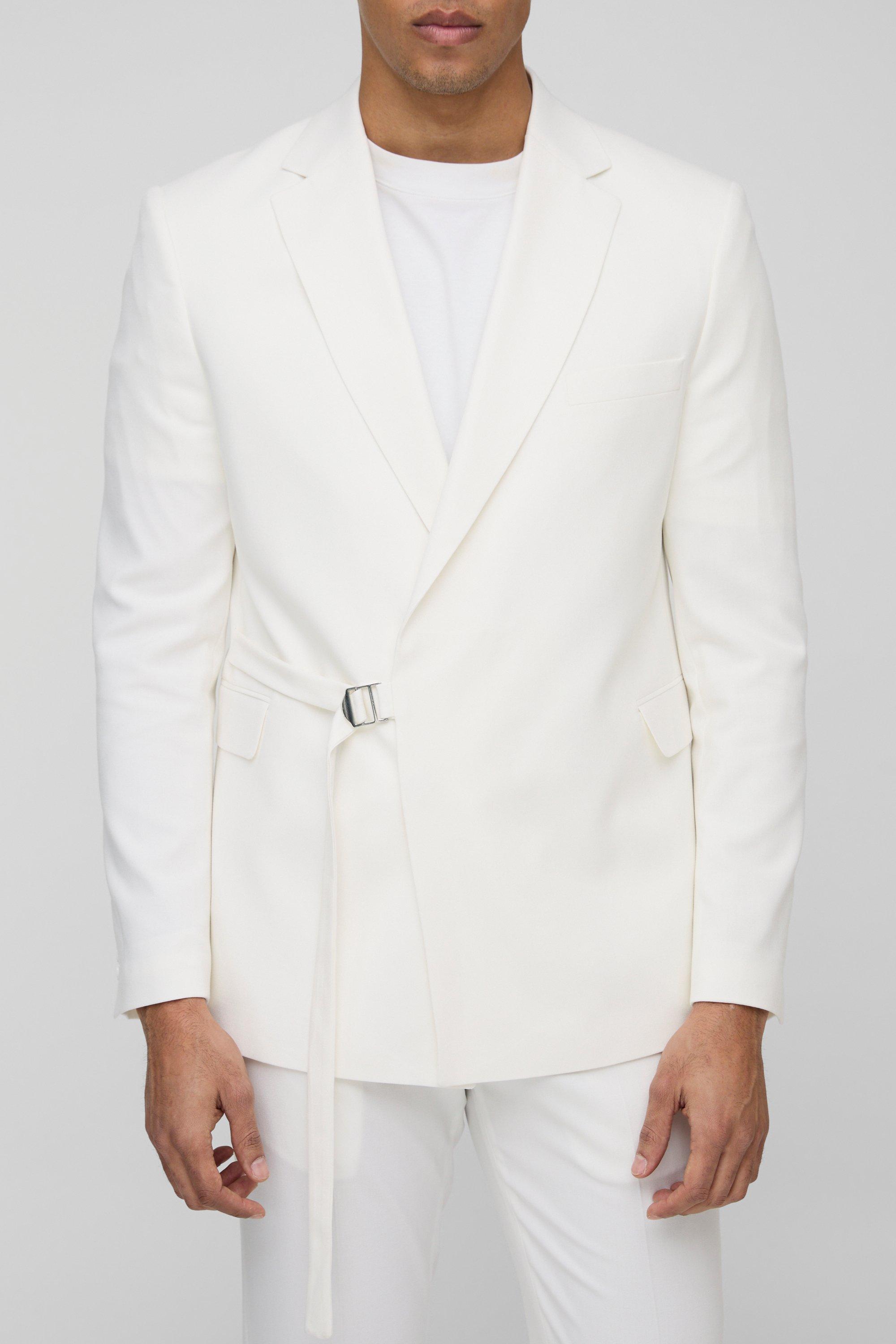 Mens White Straight Fit Wrap Detail Suit Jacket, White