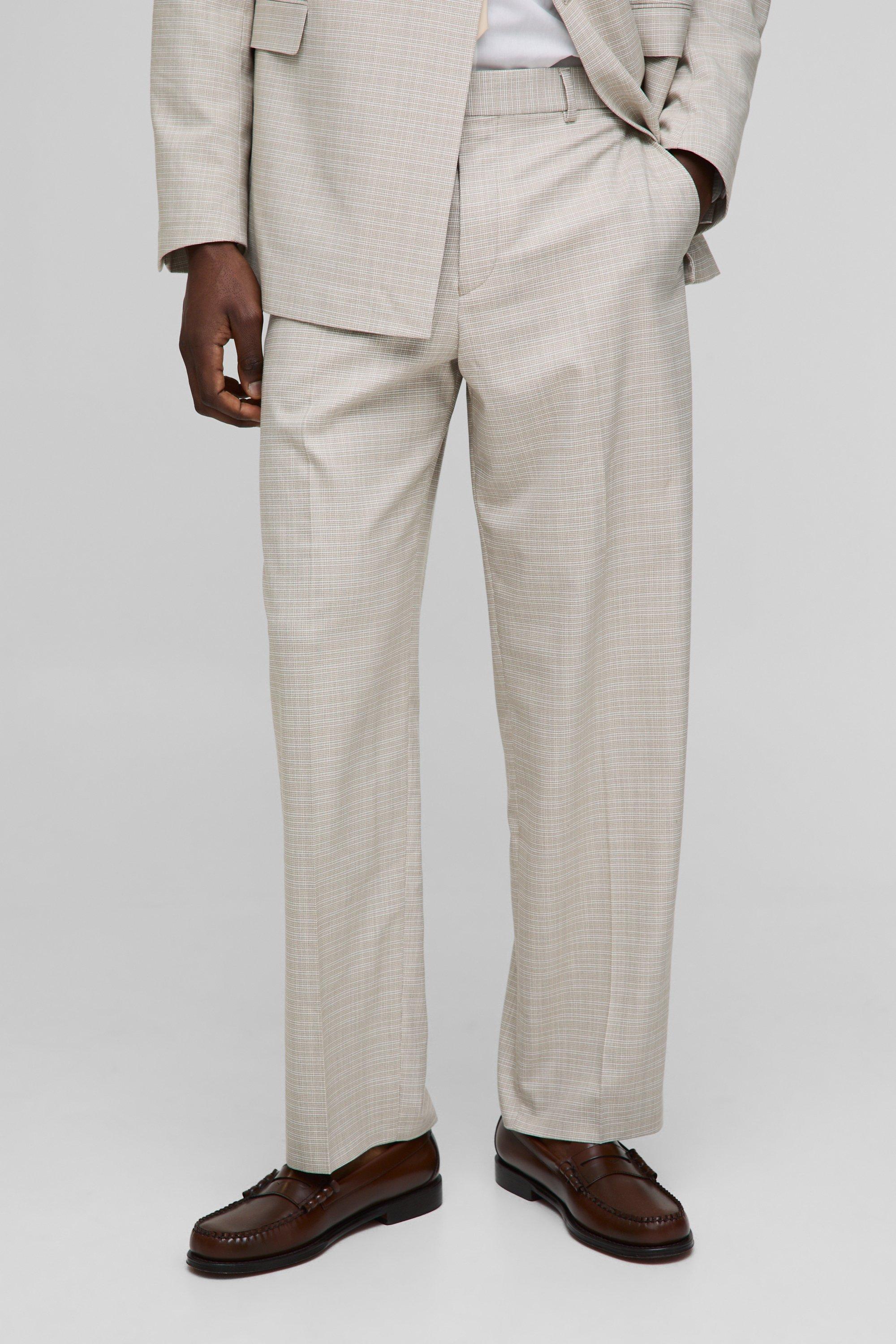 Mens Beige Wide Leg Fixed Waistband Check Suit Trouser, Beige