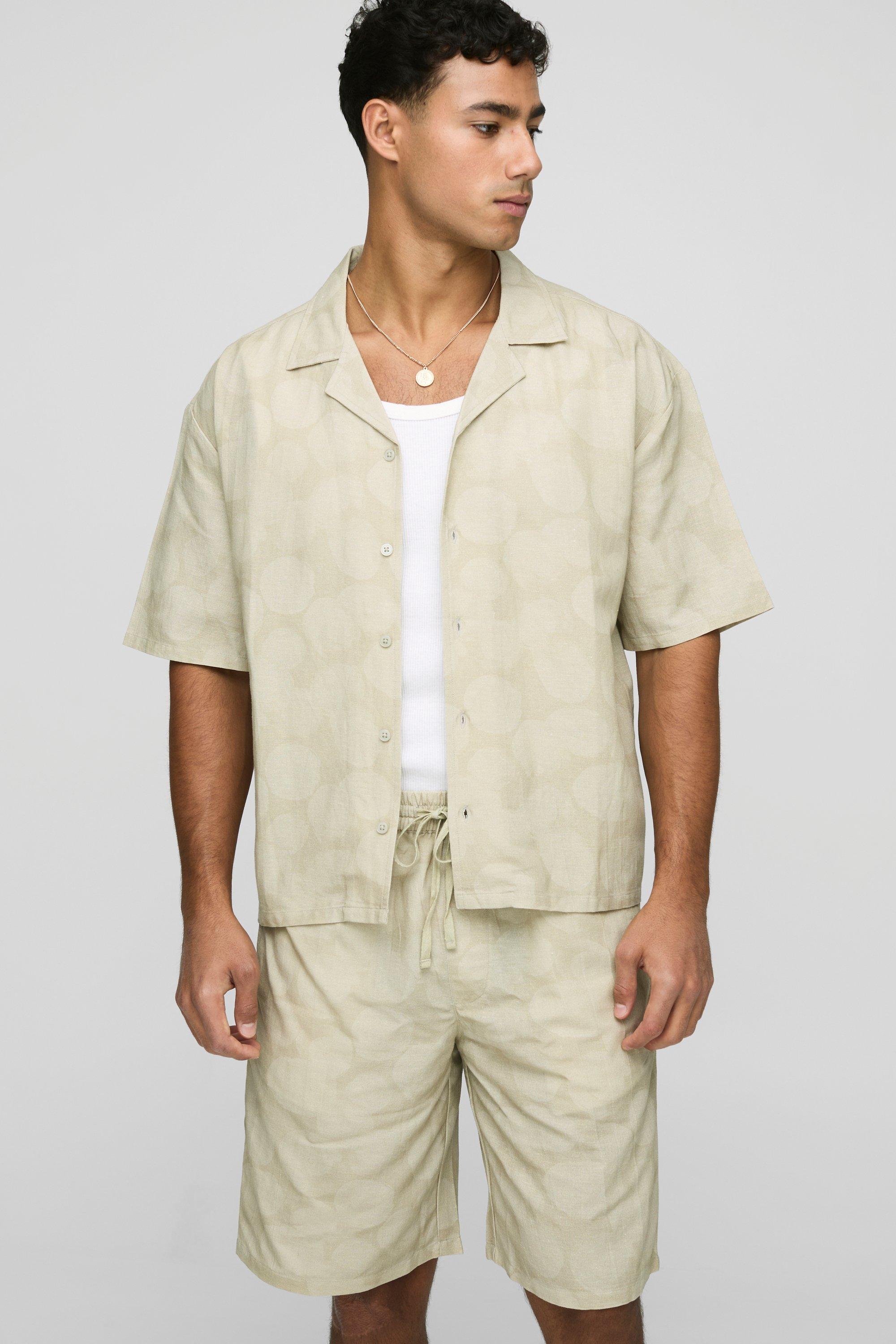 Mens Beige Oversized Printed Linen Blend Shirt & Short Set, Beige