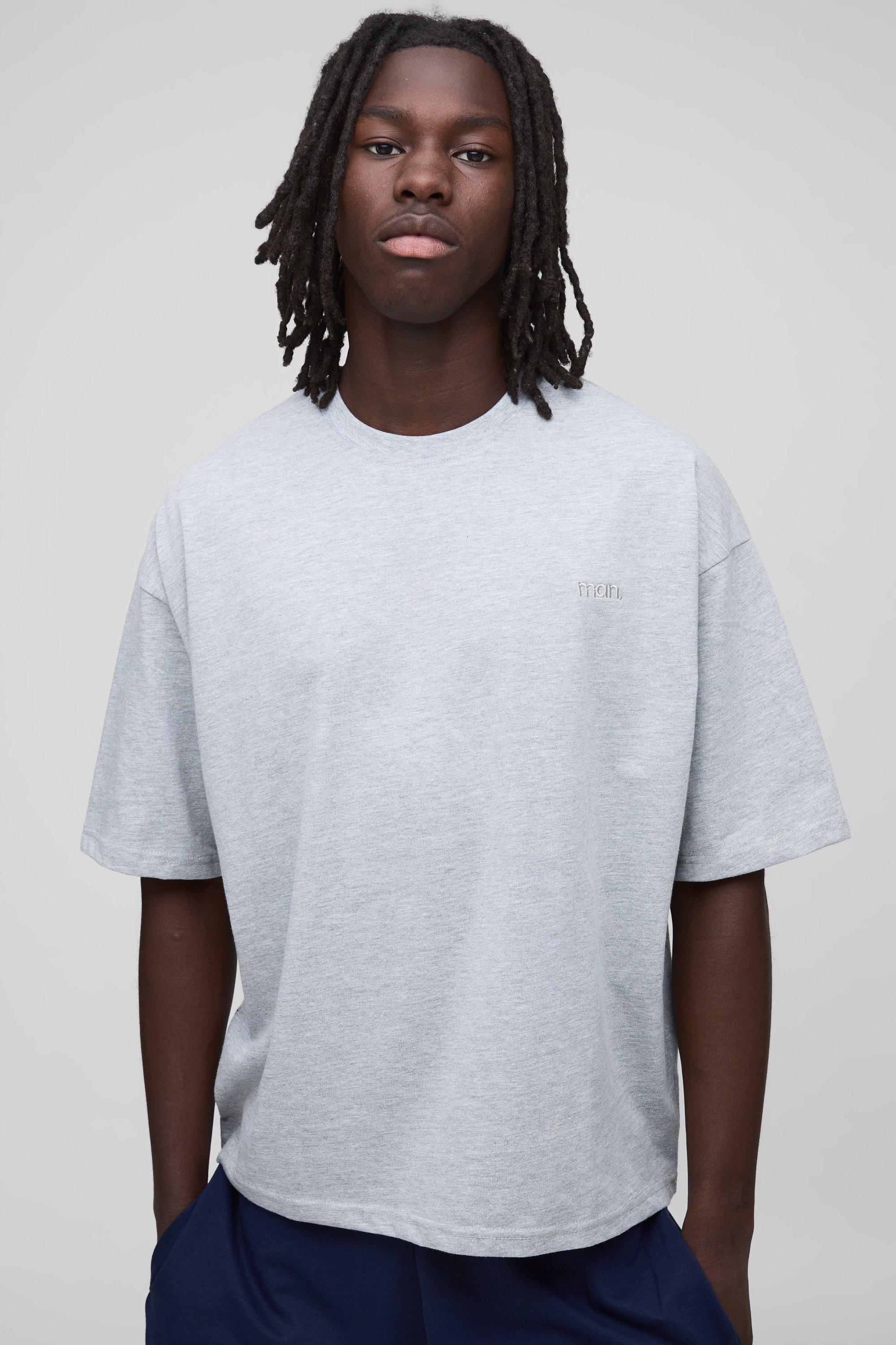 Mens Grey MAN. Oversized Boxy Crew Neck T-shirt, Grey