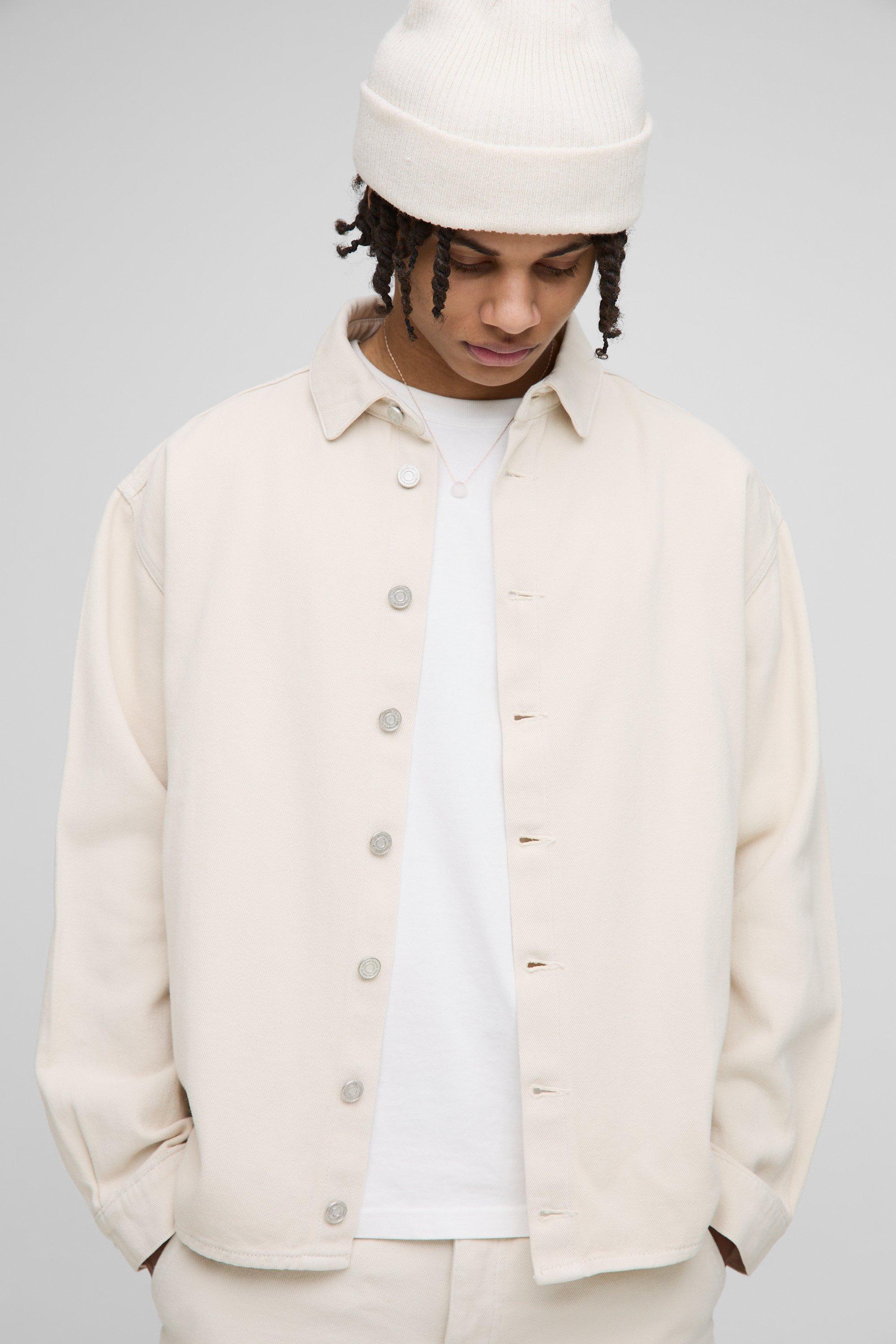 Mens Beige Oversized Stone Washed Denim Shirt, Beige