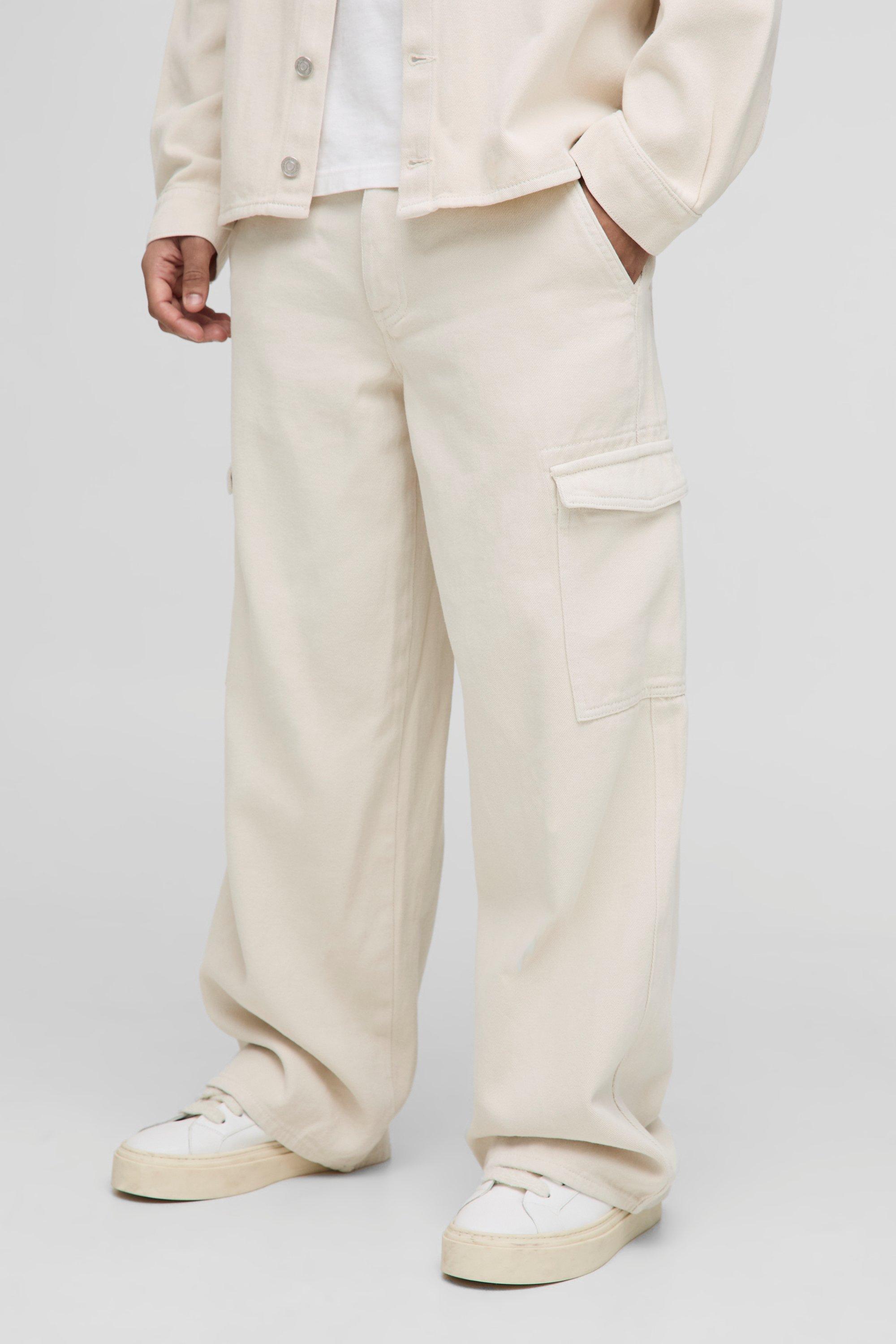 Mens Beige Baggy Fit Stone Washed Cargo Jeans, Beige