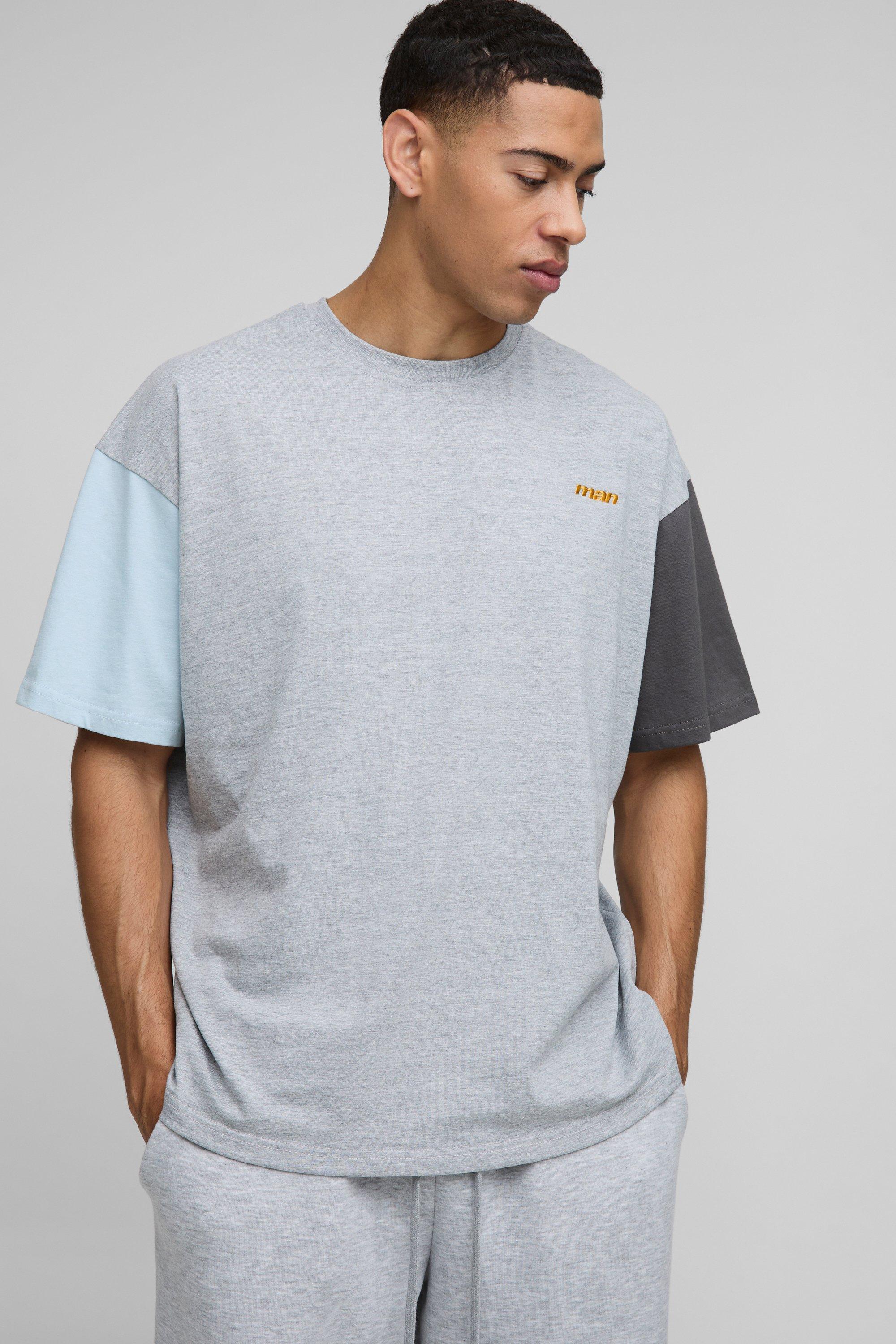 Mens Grey Oversized Man Colour Block T-Shirt, Grey