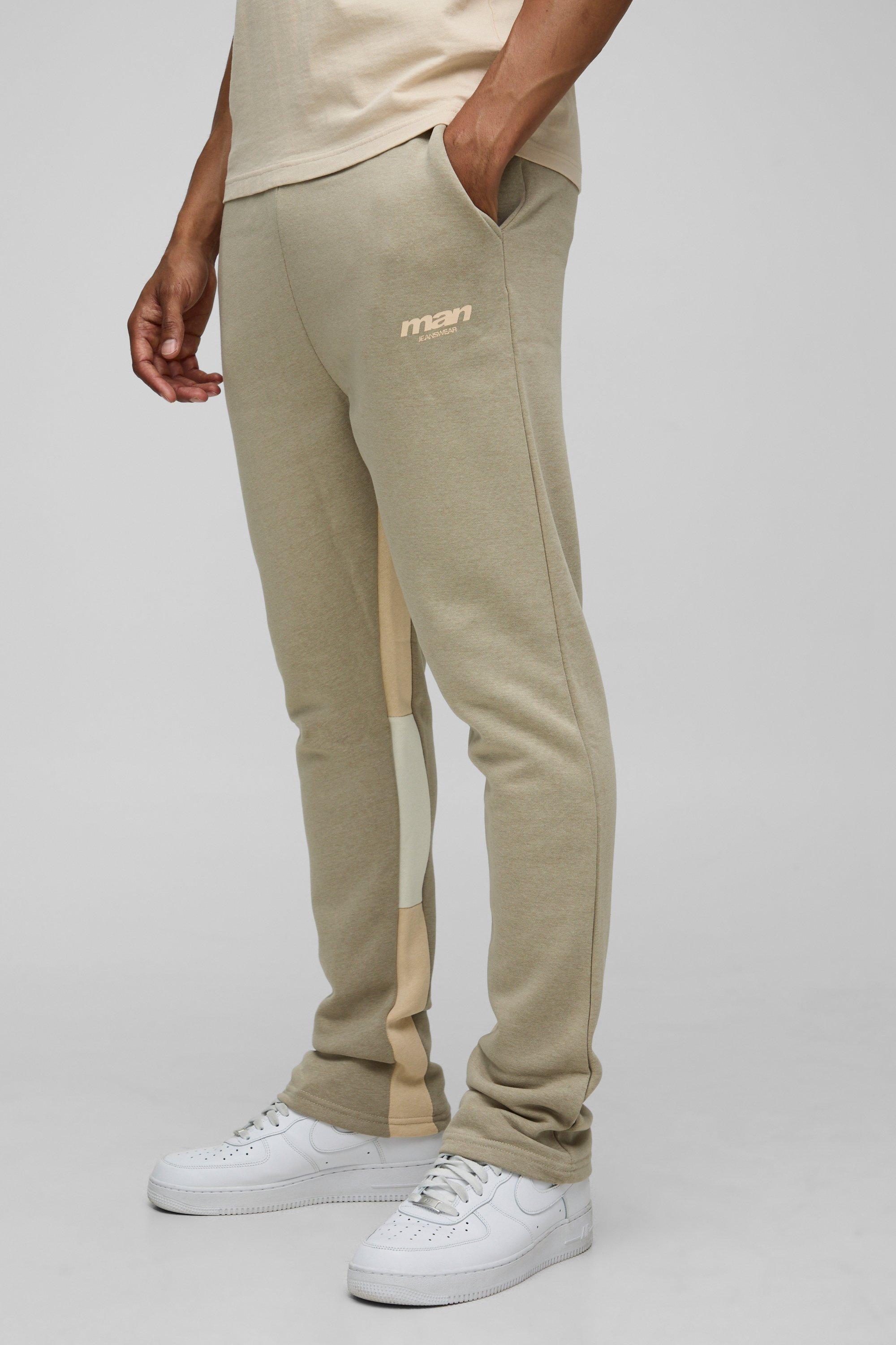 Mens Beige Slim Fit Man Colour Block Joggers, Beige
