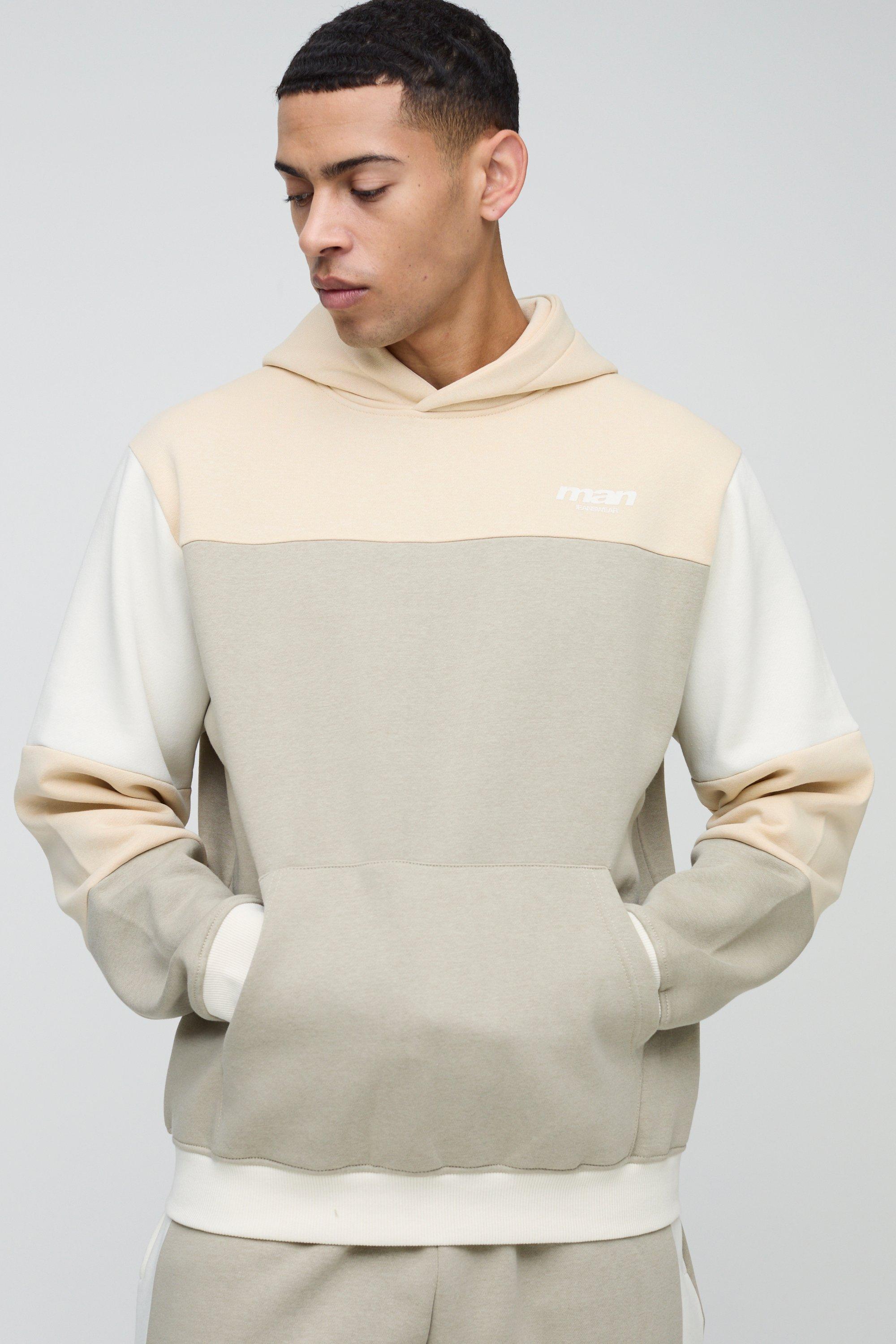 Mens Beige Regular Fit Man Colour Block Hoodie, Beige