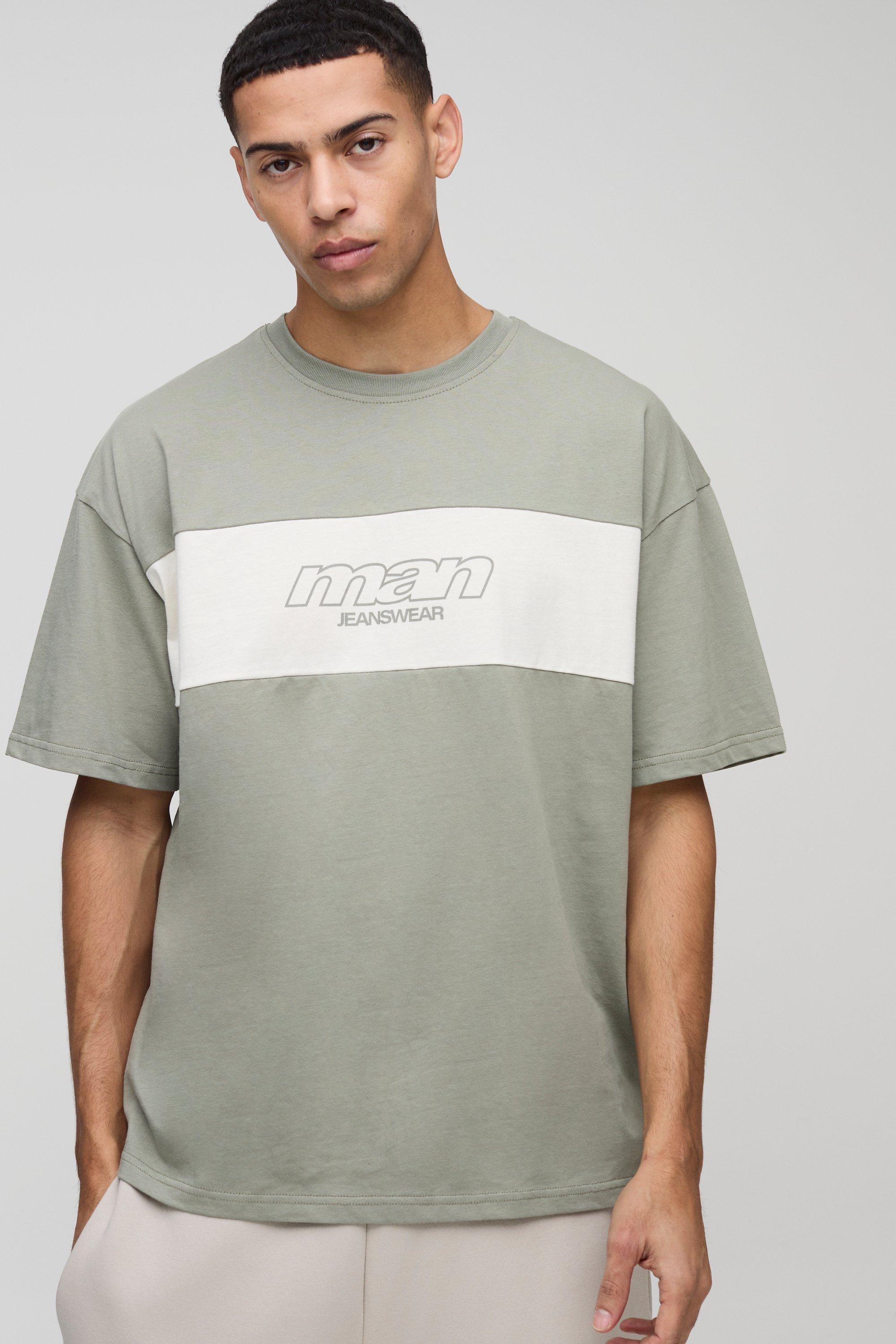 Mens Green Oversized Man Colour Block T-Shirt, Green