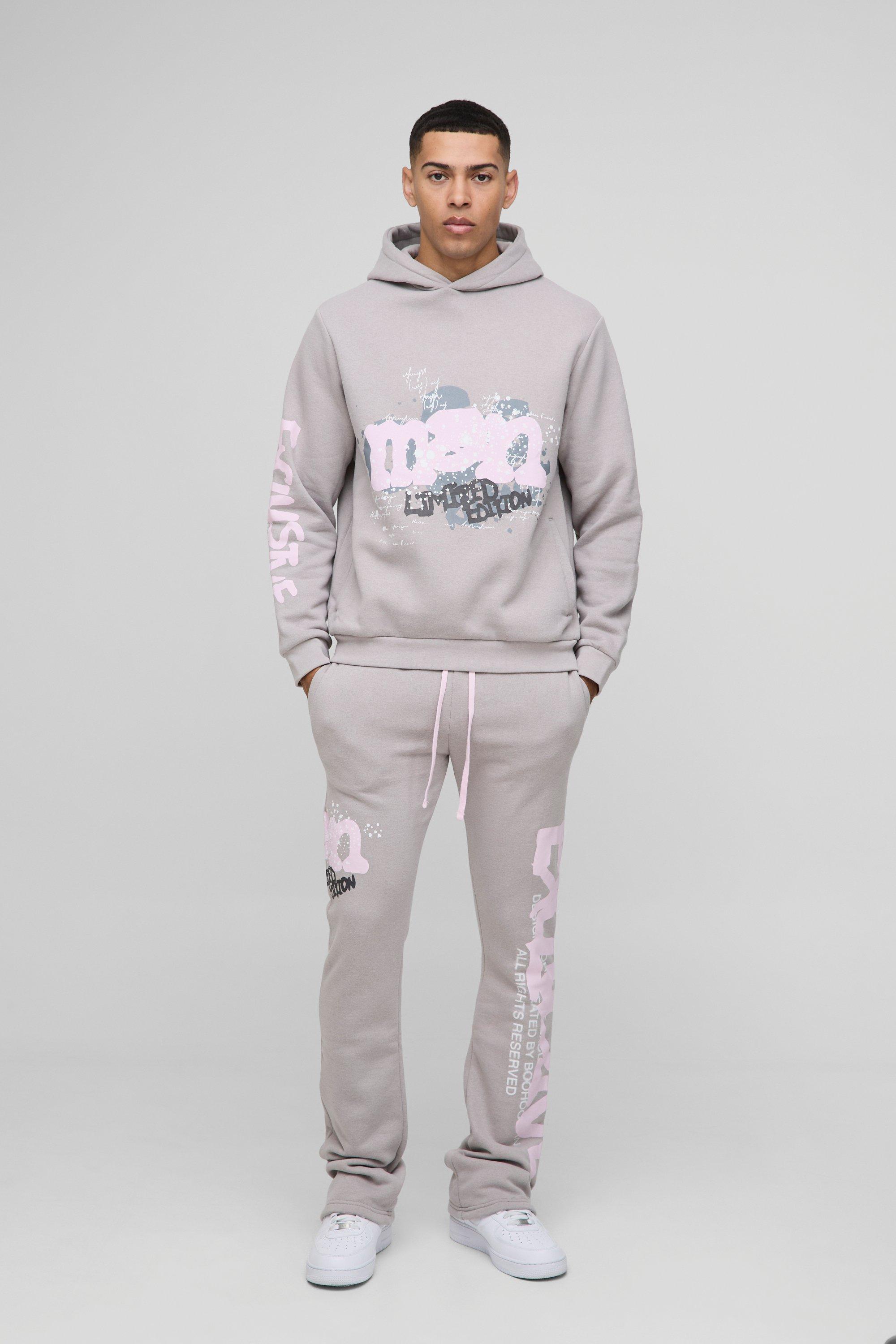 Mens Grey Regular Fit Man Graphic Flared Stacked Hooded Tracksuit, Grey