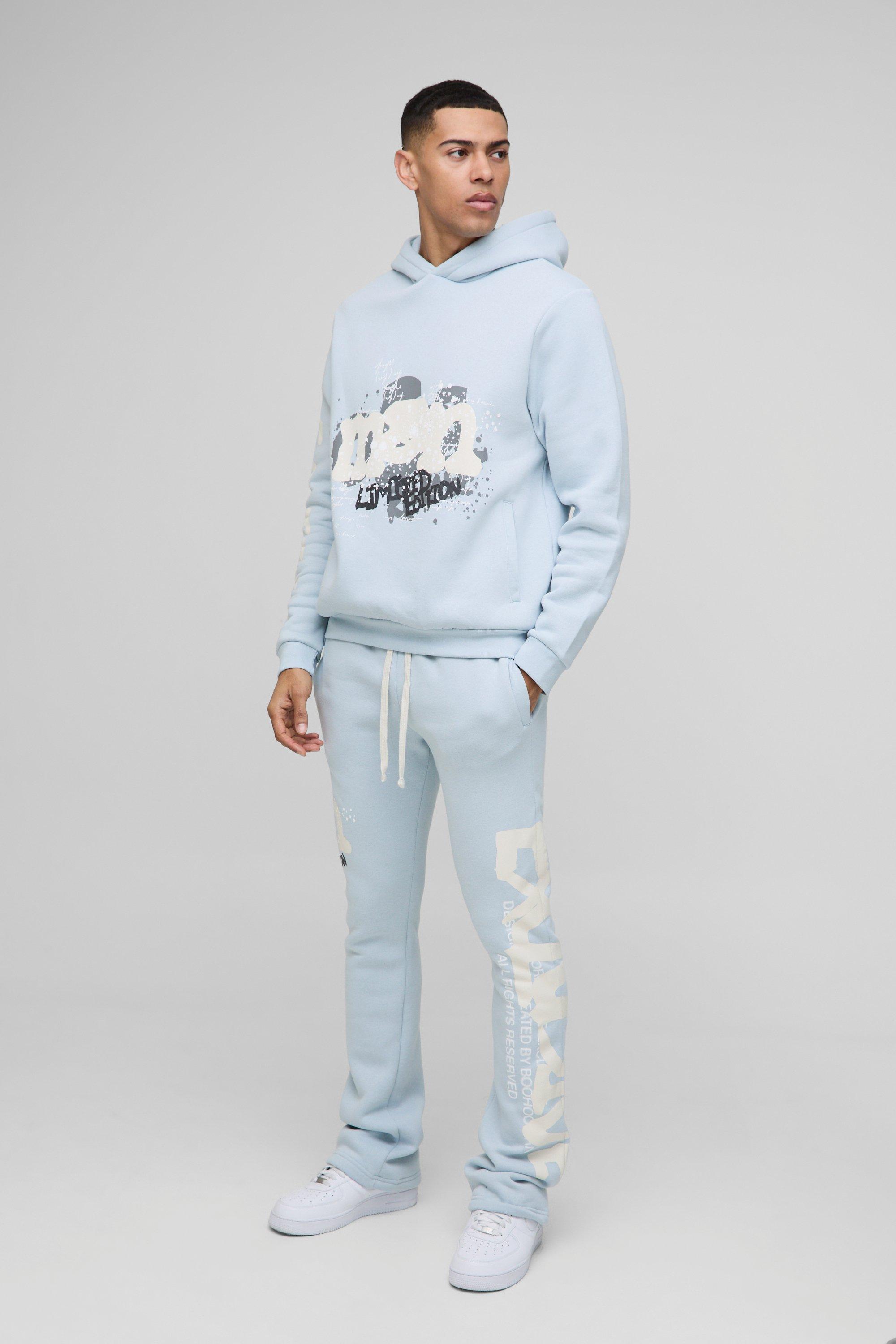 Mens Blue Regular Fit Man Graphic Flared Stacked Hooded Tracksuit, Blue