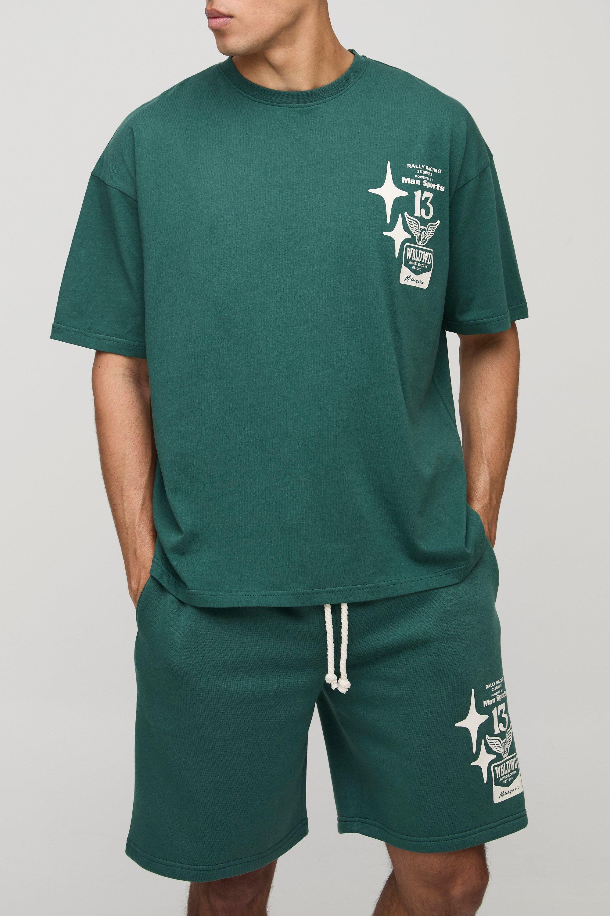 Mens Green Oversized Moto Graphic T-Shirt & Short Set, Green