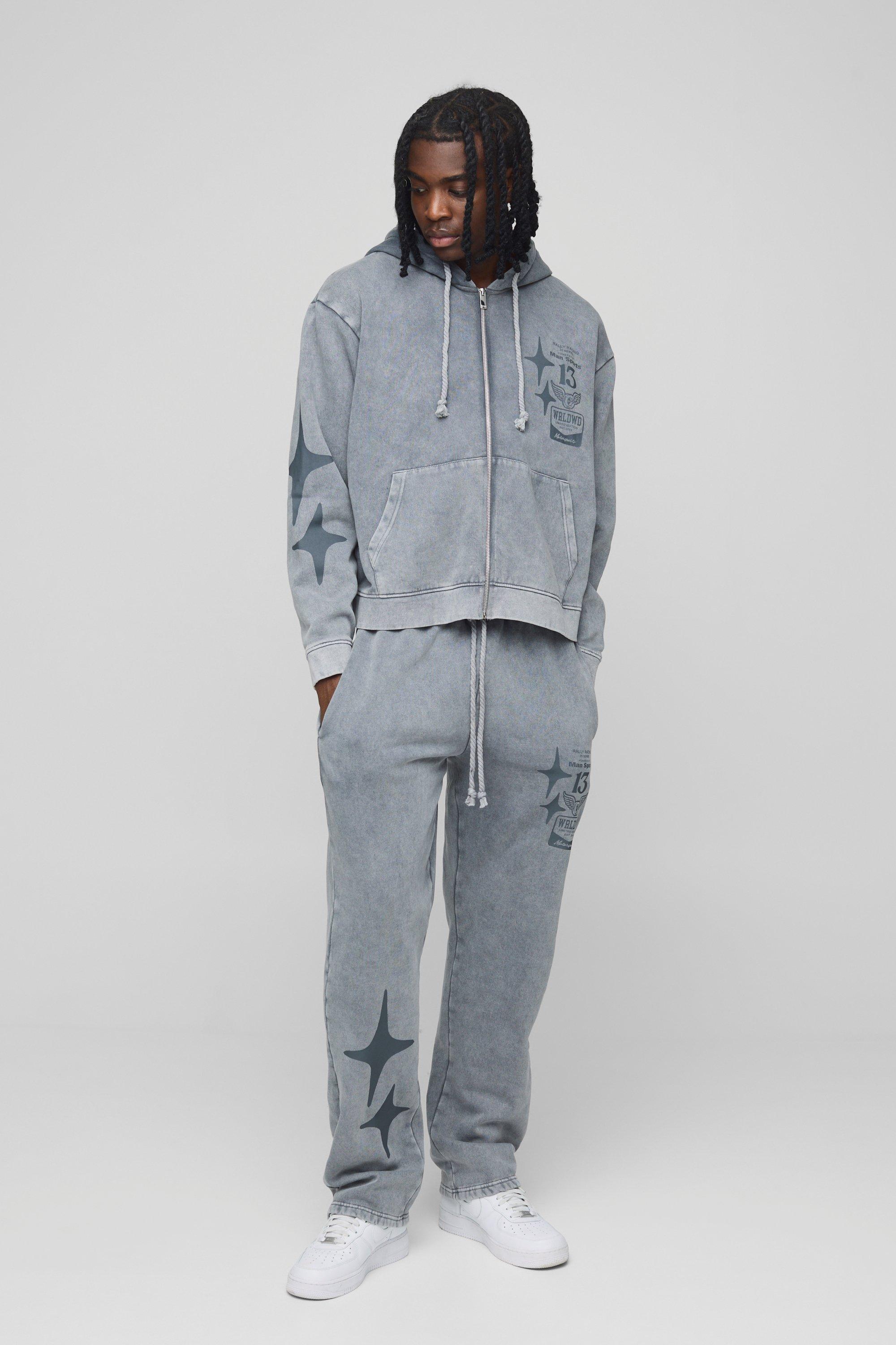 Mens Grey Oversized Boxy Graphic Washed Hooded Zip Tracksuit, Grey