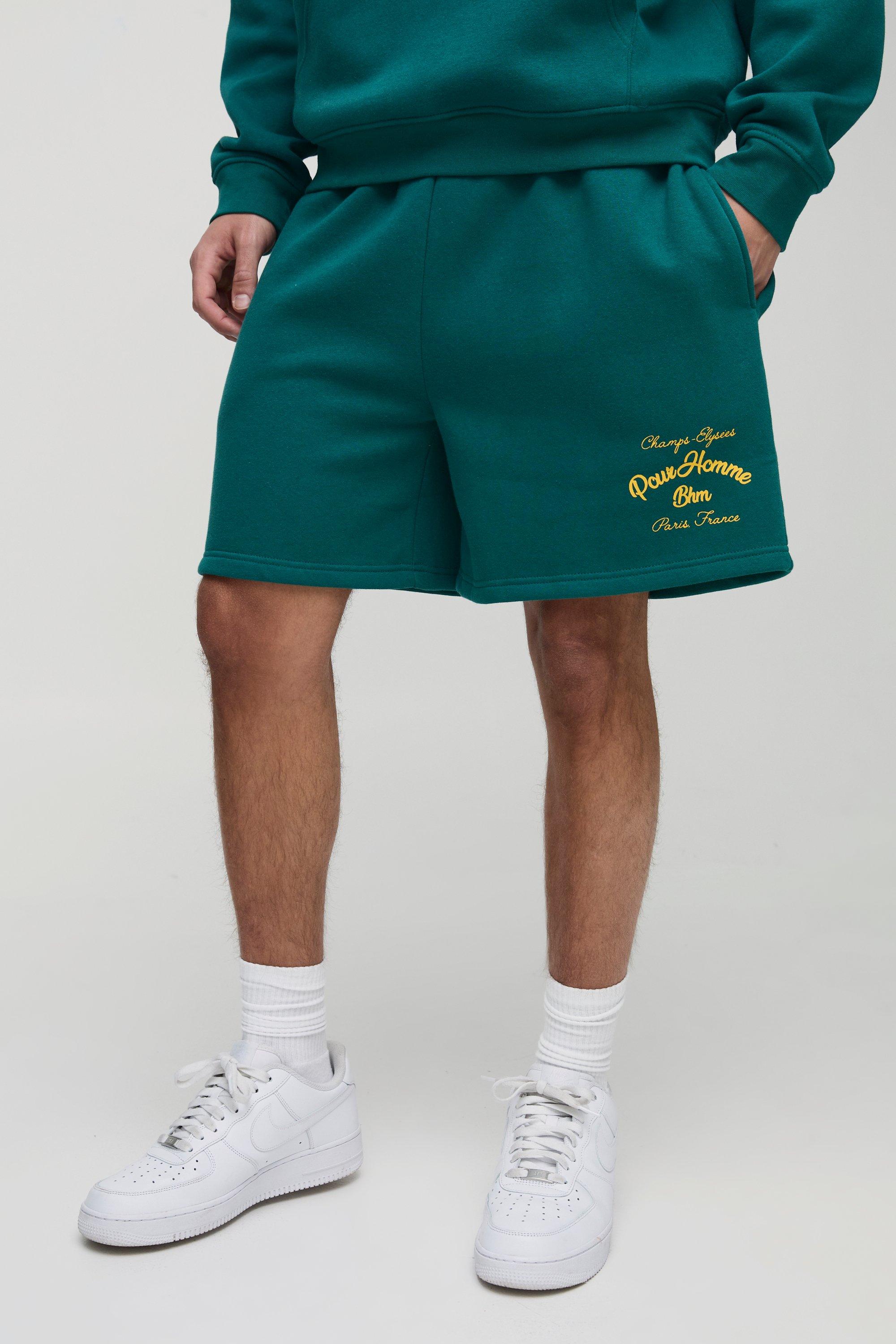 Mens Green Oversized Embroidered Jersey Shorts, Green