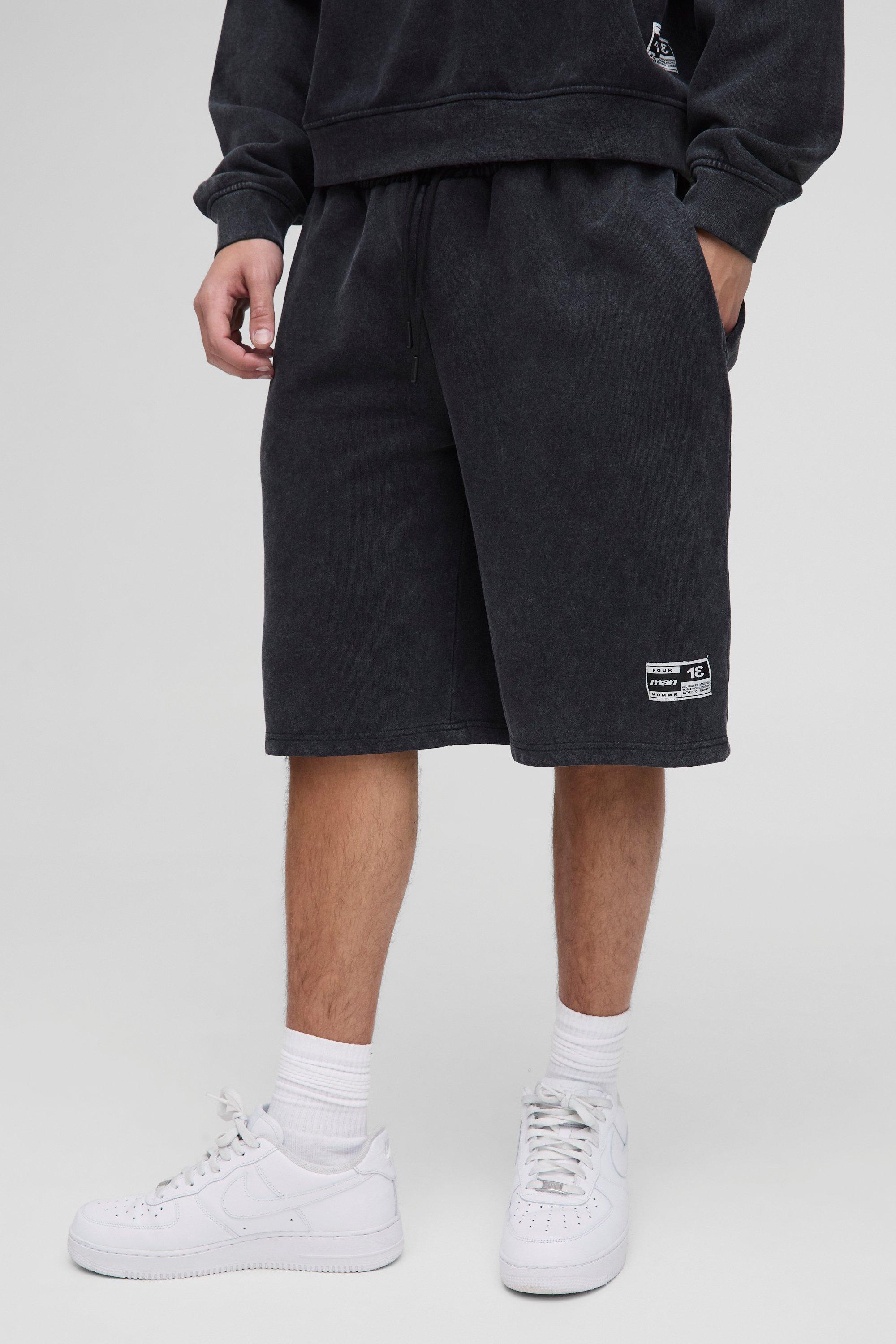 Mens Black Oversized Washed Printed Shorts, Black