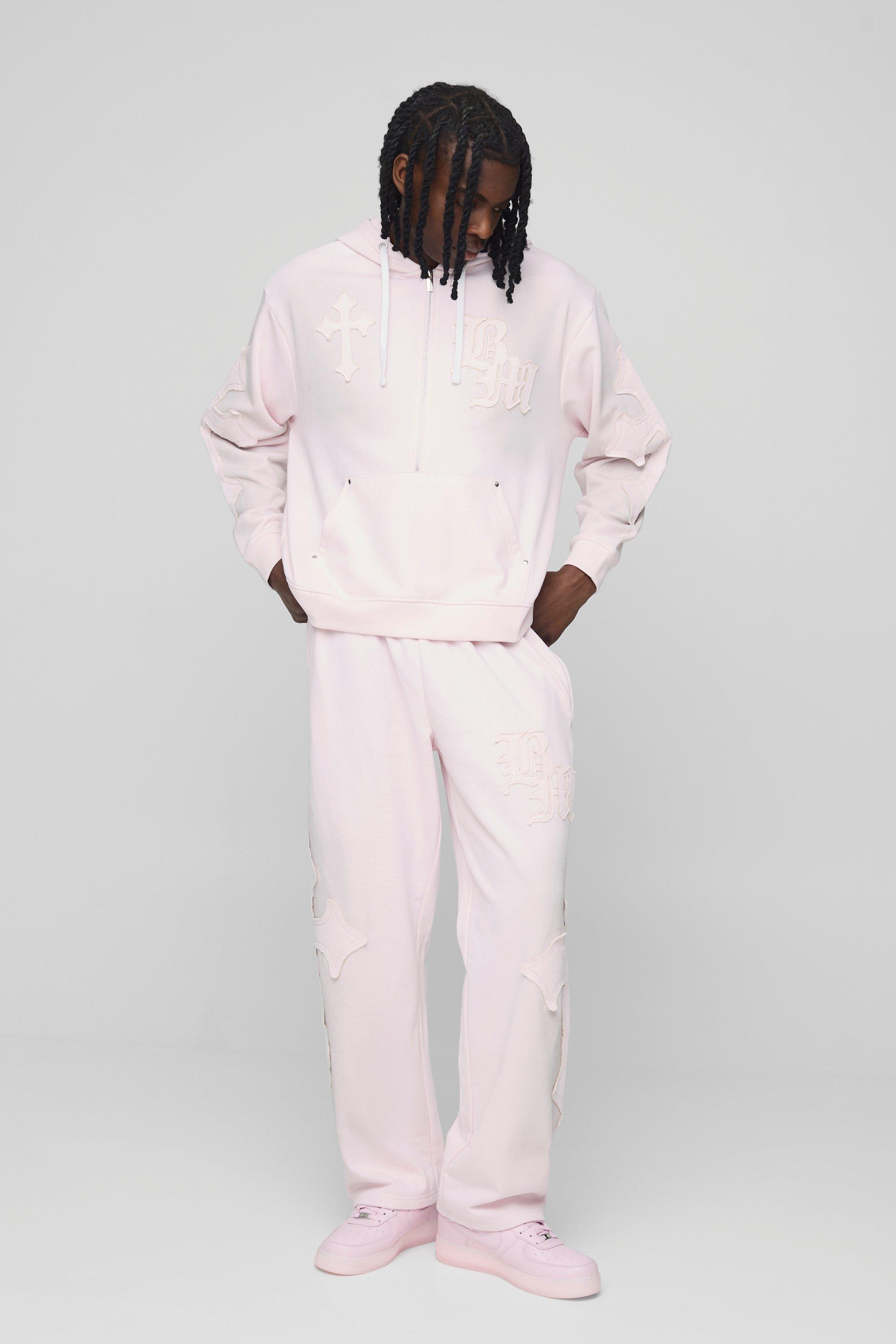 Mens Pink Oversized Boxy Cross Applique Wash Hooded Tracksuit, Pink