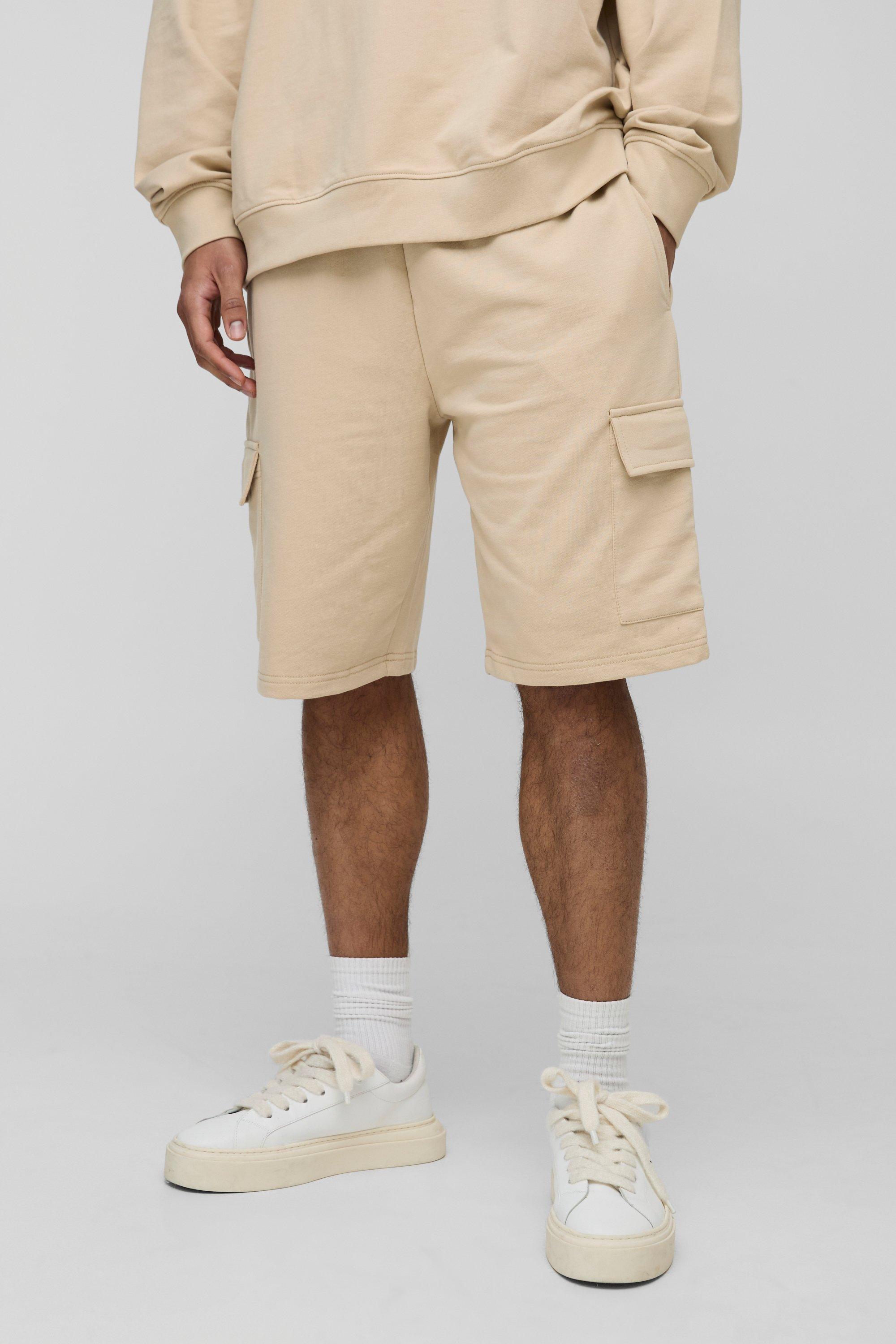 Mens Beige Tall Lightweight Loopback Regular Fit Basic Cargo Shorts, Beige