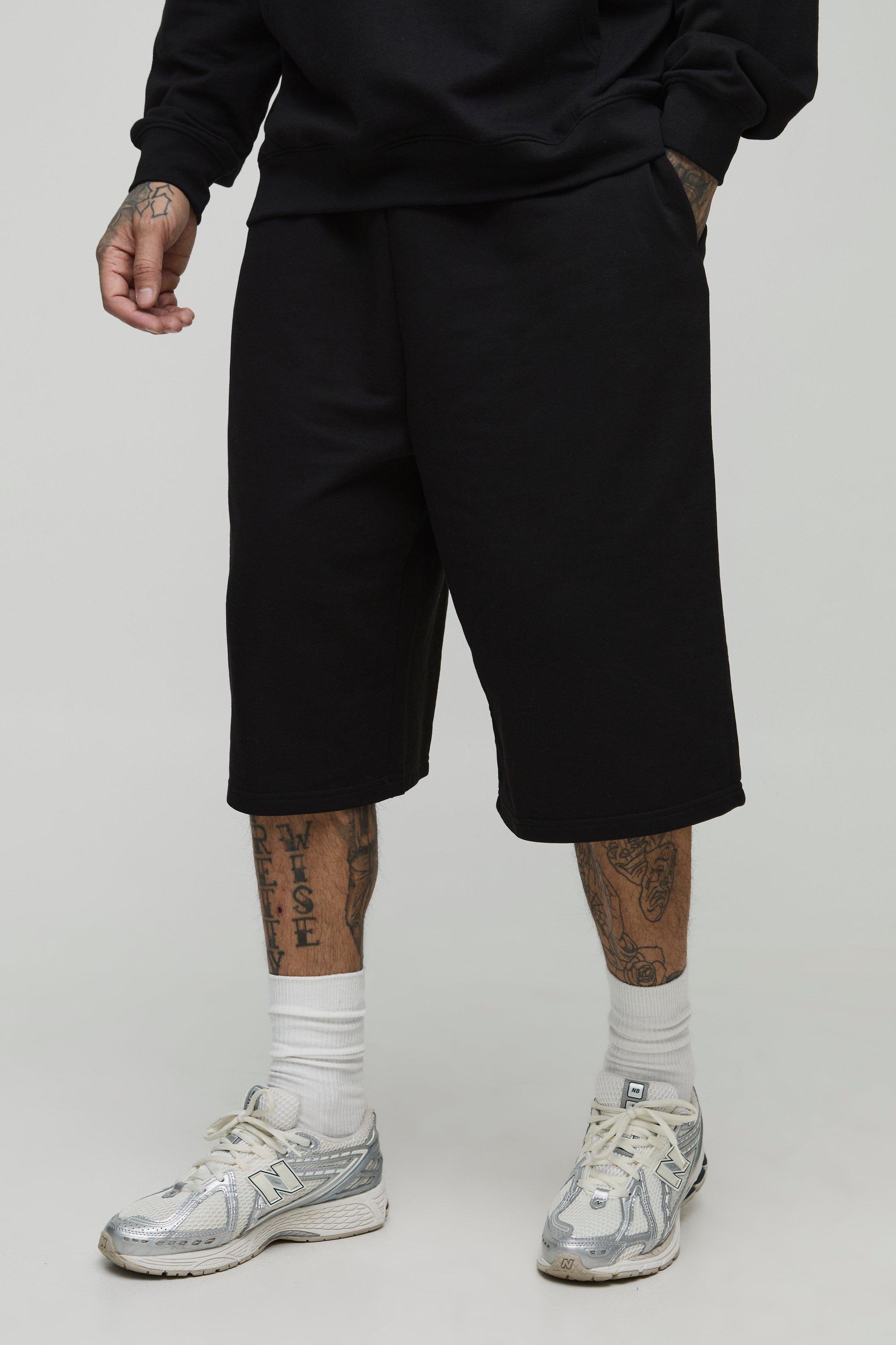Mens Black Tall Regular Fit 260GSM Loopback Basic Jersey Longline Shorts, Black