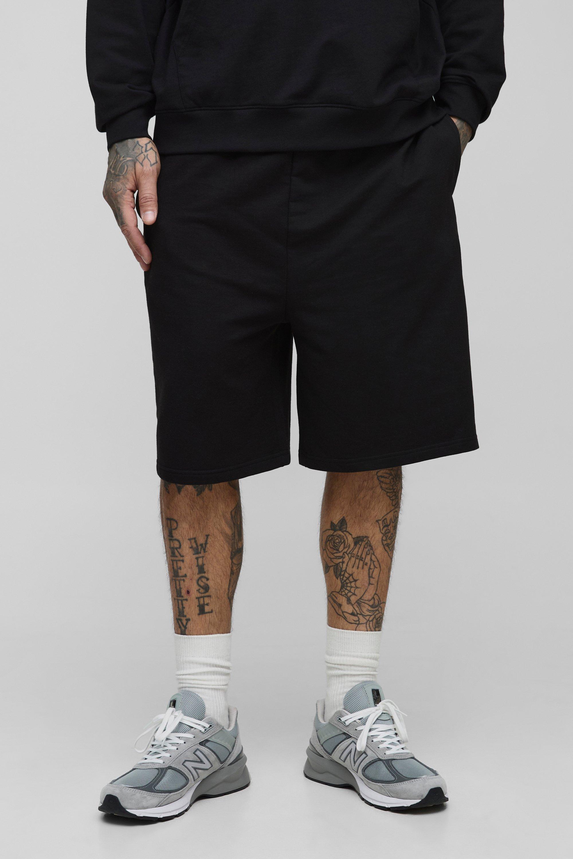 Mens Black Tall Lightweight Loopback Oversized Drop Crotch Basic Shorts, Black