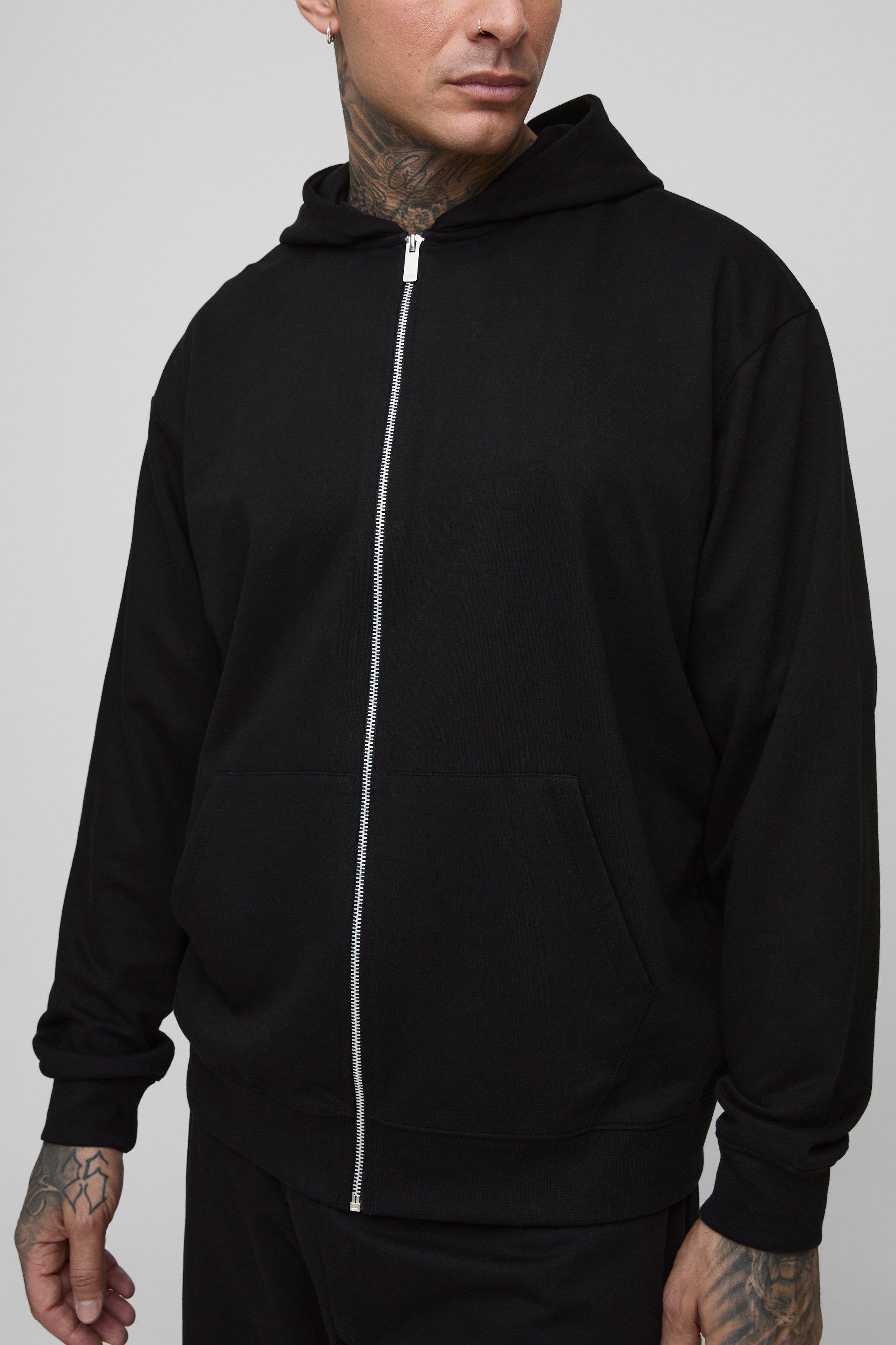 Mens Black Tall 260GSM Loopback Oversized Fit Basic Zip Through Hoodie, Black
